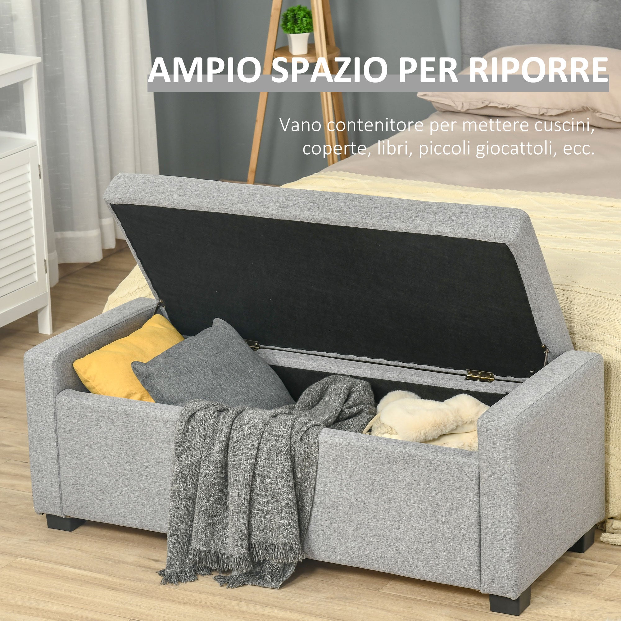 Storage Bench, Upholstered Bench with Storage Compartment, Bed End Bench, Modern Design, Plastic, Gray Fabric, Multiuse, 120x50x44cm, Gray