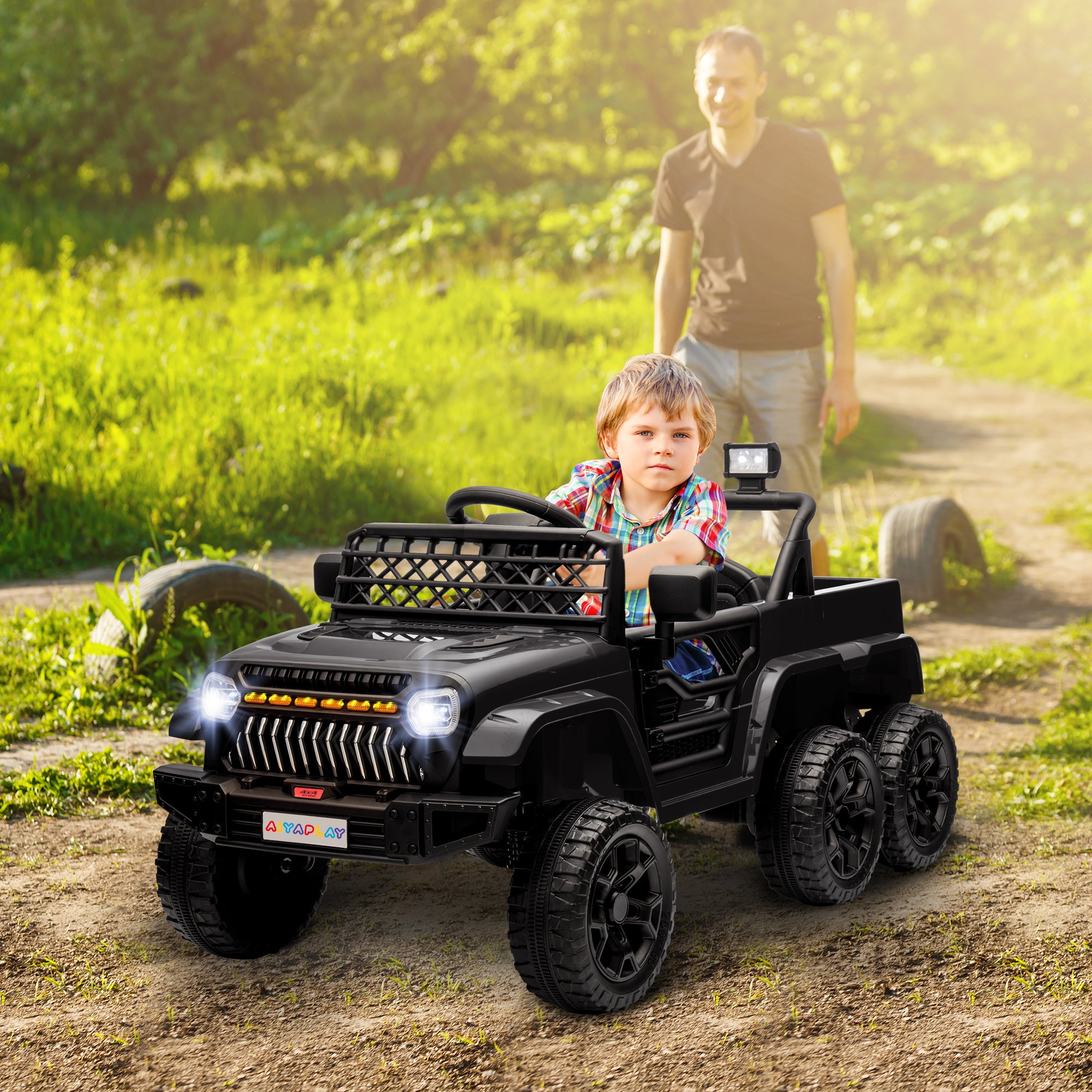 Kids Electric Car, Kids Electric Buggy, 4x4 and 2x2 Modes, with 2.4Ghz Remote Control, 2 x 12V Motors, 3 Speeds, Rear Trailer, Music, Horn, LED Lights, Black