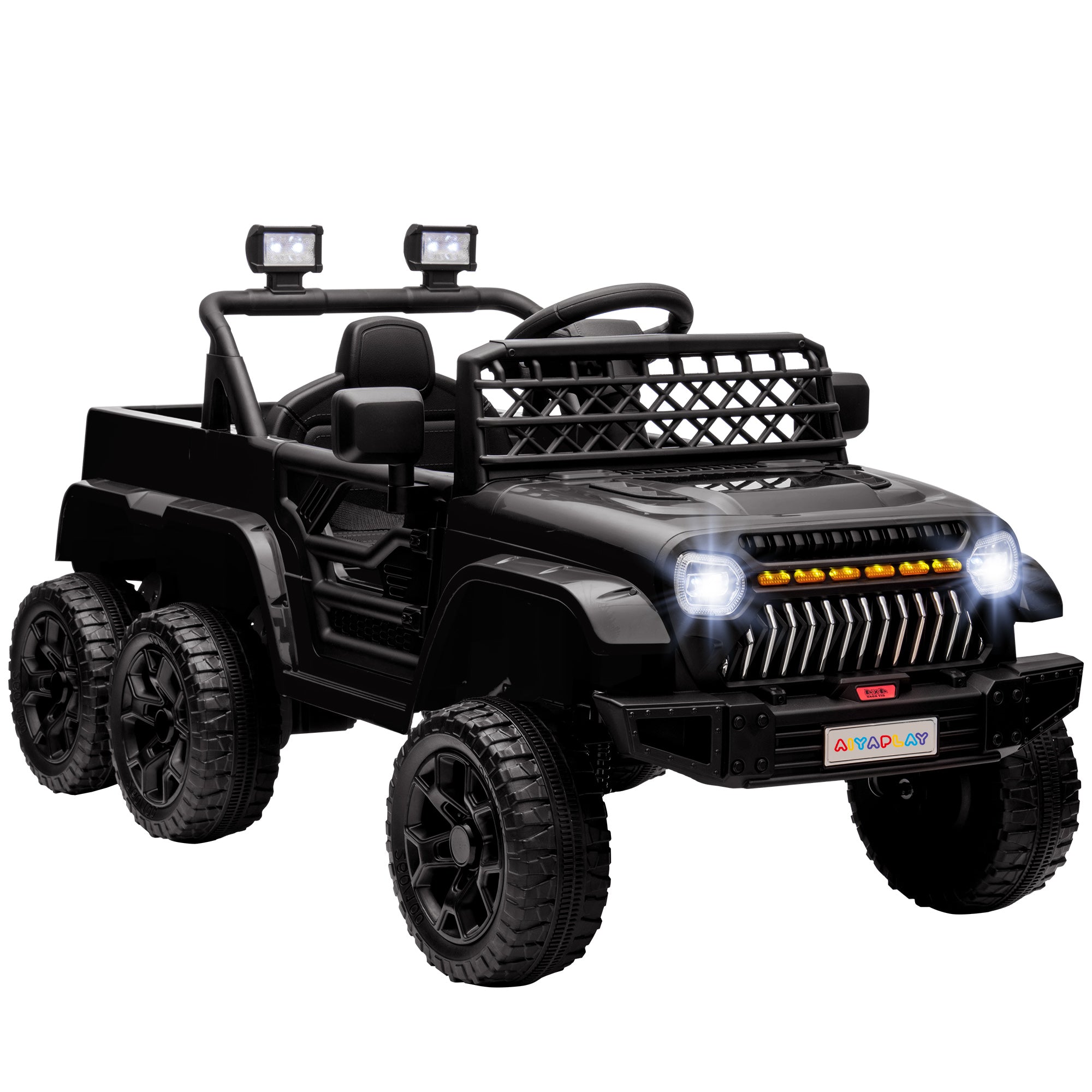 Kids Electric Car, Kids Electric Buggy, 4x4 and 2x2 Modes, with 2.4Ghz Remote Control, 2 x 12V Motors, 3 Speeds, Rear Trailer, Music, Horn, LED Lights, Black