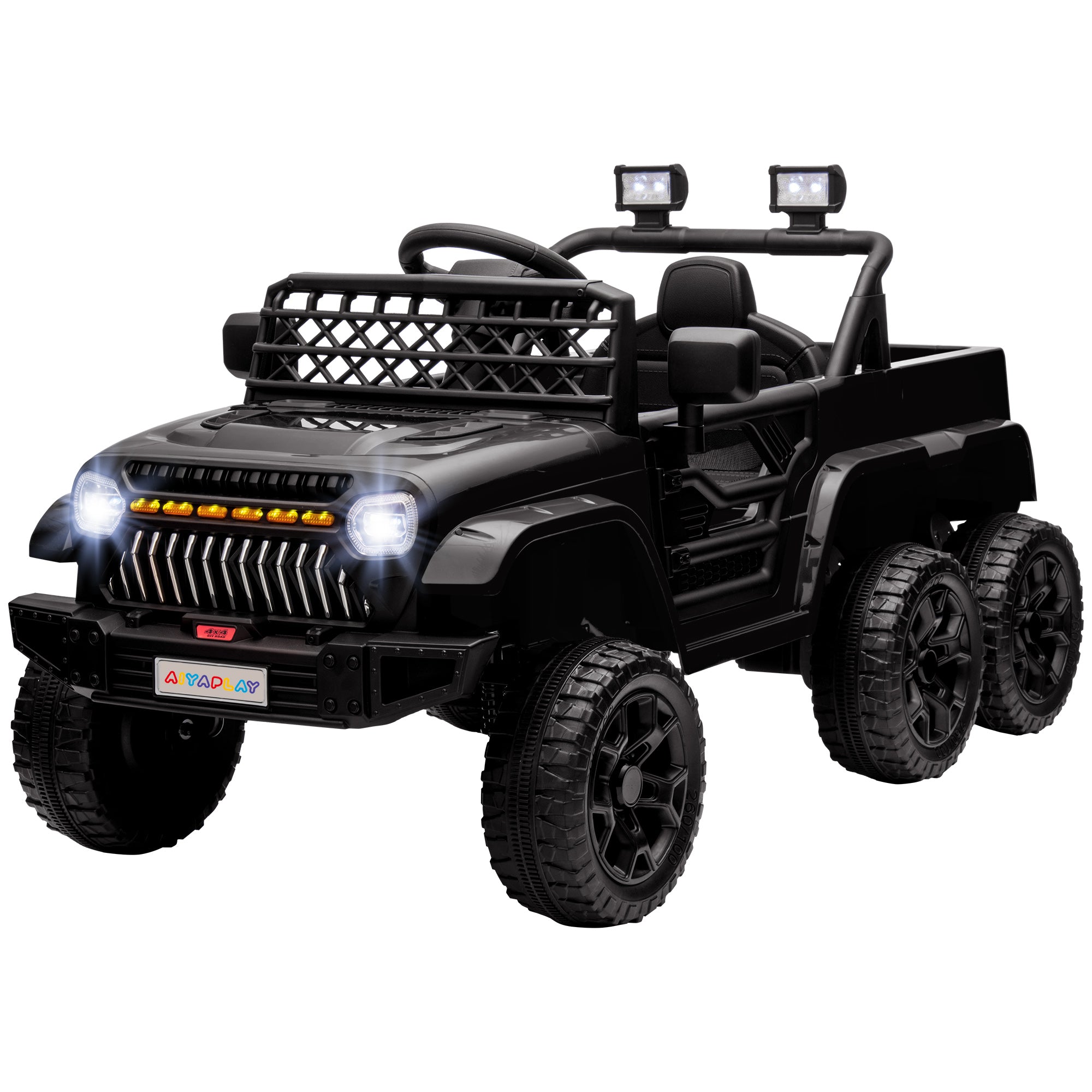 Kids Electric Car, Kids Electric Buggy, 4x4 and 2x2 Modes, with 2.4Ghz Remote Control, 2 x 12V Motors, 3 Speeds, Rear Trailer, Music, Horn, LED Lights, Black