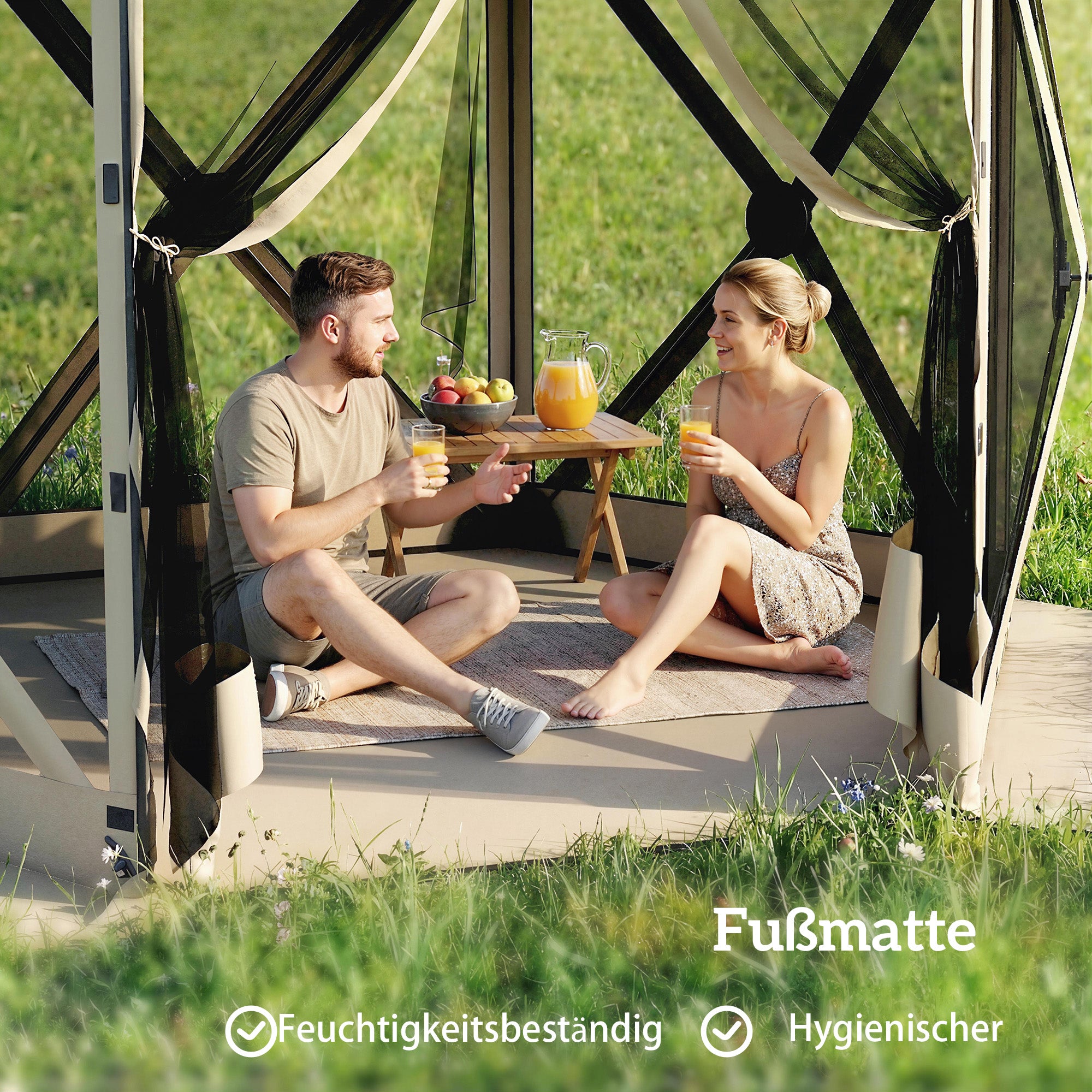 3.0 m x 2.6 m Hexagonal Pavilion with Floor Mat, Mesh Side Panels & Carry Bag — Waterproof, UV-Resistant Party Tent for Garden & Patio, Khaki