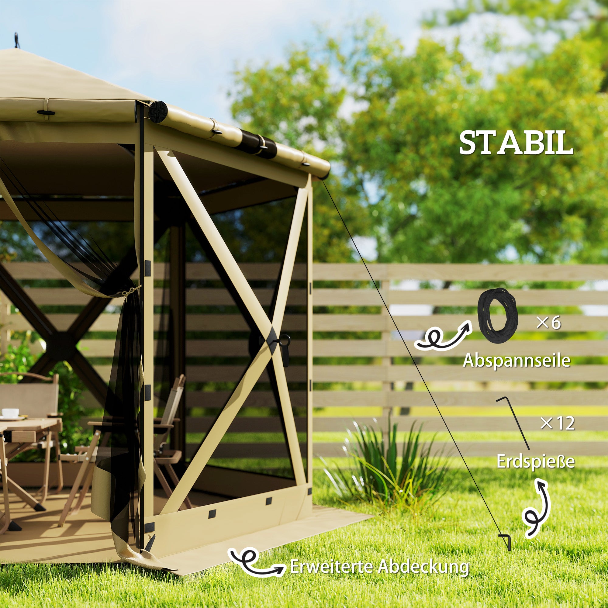 3.0 m x 2.6 m Hexagonal Pavilion with Floor Mat, Mesh Side Panels & Carry Bag — Waterproof, UV-Resistant Party Tent for Garden & Patio, Khaki
