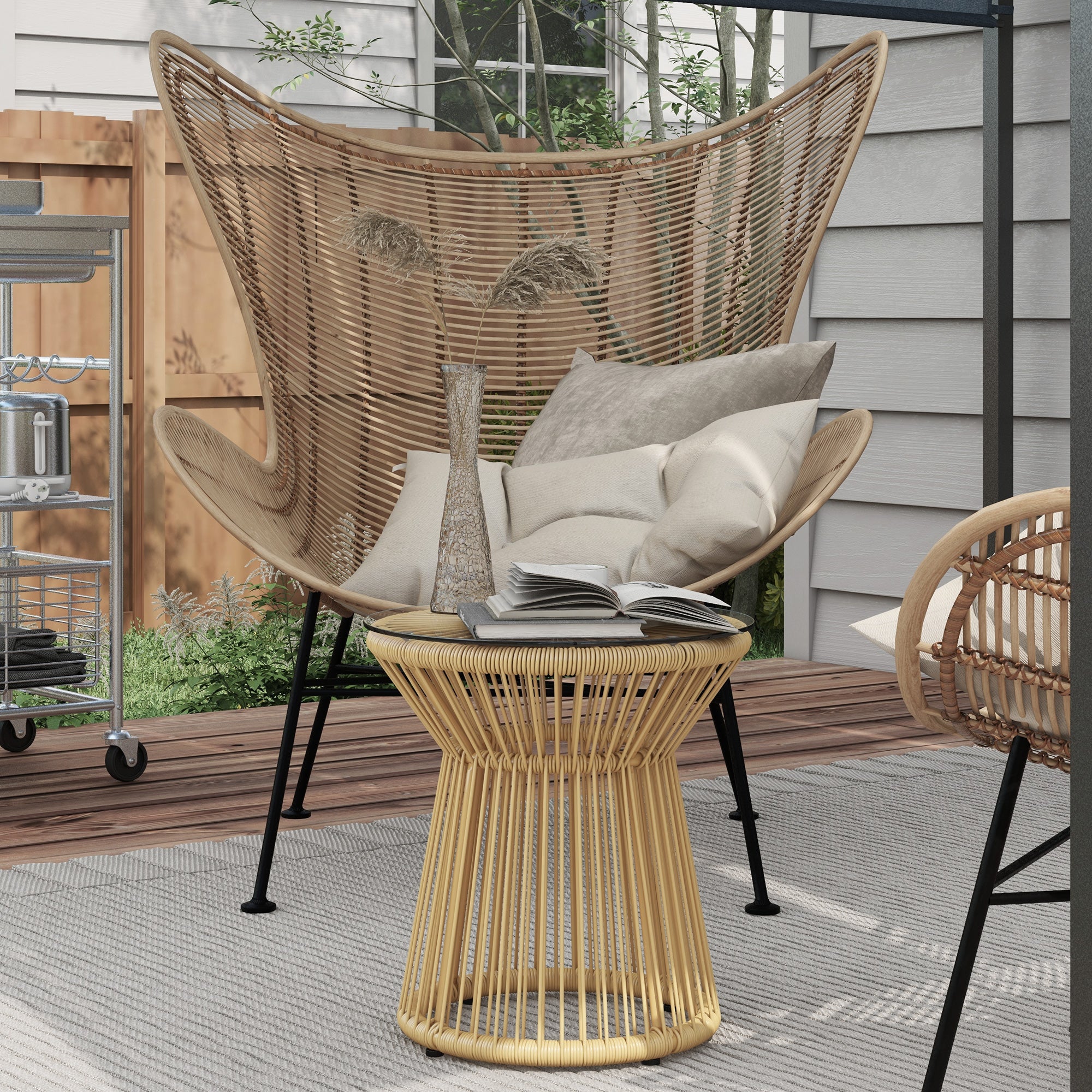 Synthetic Rattan Side Table Round Coffee Table with Tempered Glass Top and Metal Frame 30 kg Load Capacity for Patio Garden Balcony Ø40x42 cm Beige