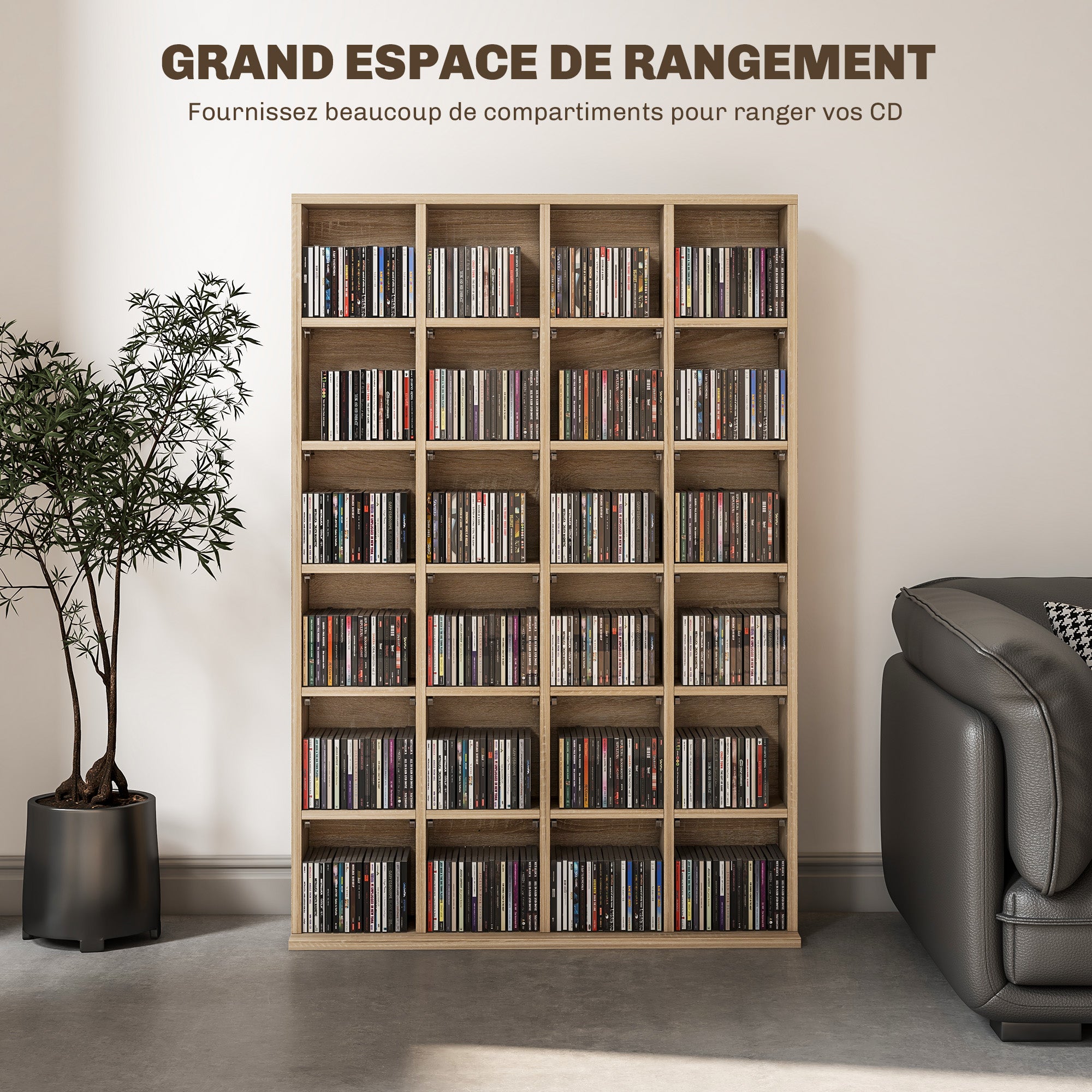 CD and DVD Storage, Multimedia Shelf with 24 Compartments, maximum capacity of 480 CDs/312 DVDs, wooden bookshelf with adjustable shelves, 89 x 20 x 130.5 cm, Natural Wood