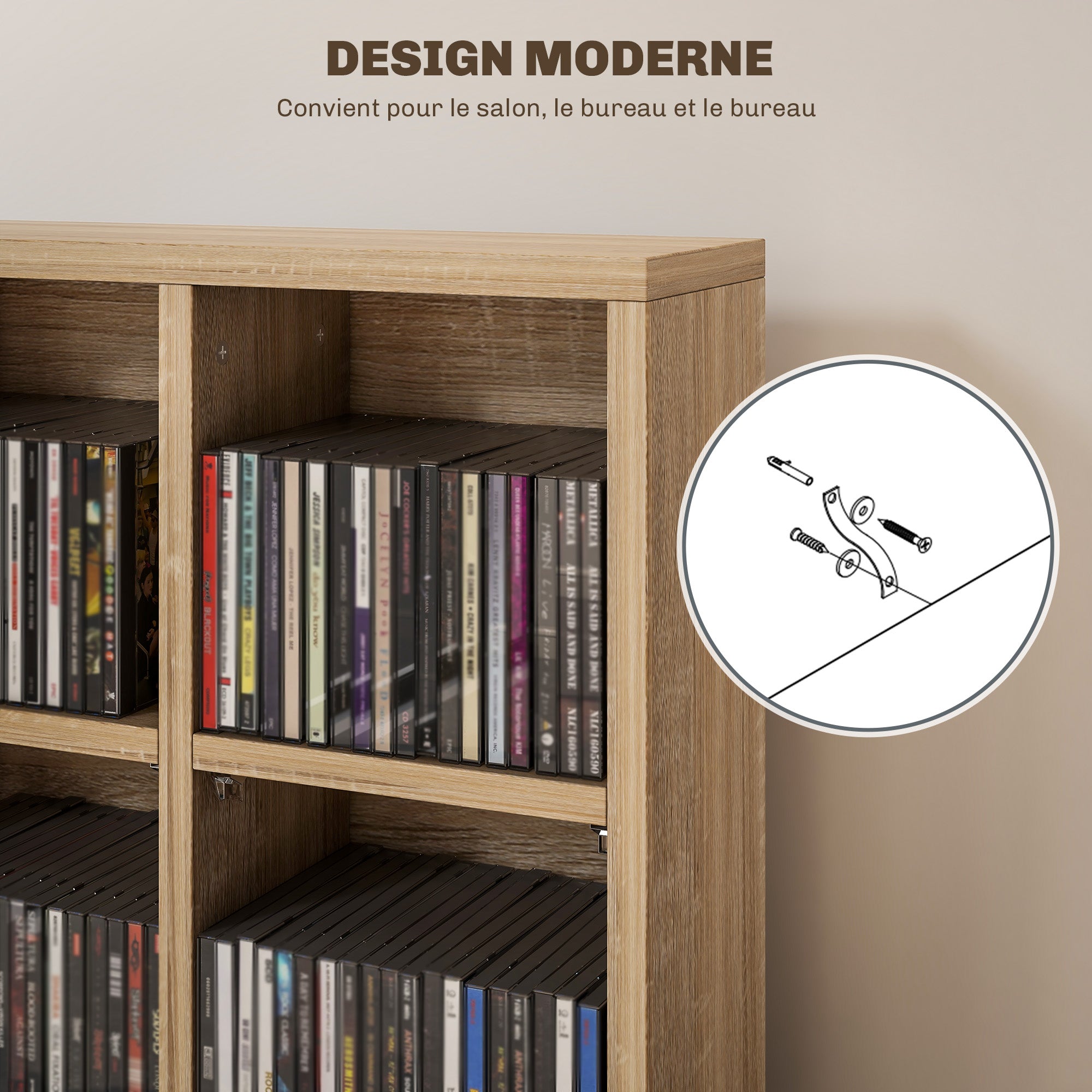 CD and DVD Storage, Multimedia Shelf with 24 Compartments, maximum capacity of 480 CDs/312 DVDs, wooden bookshelf with adjustable shelves, 89 x 20 x 130.5 cm, Natural Wood