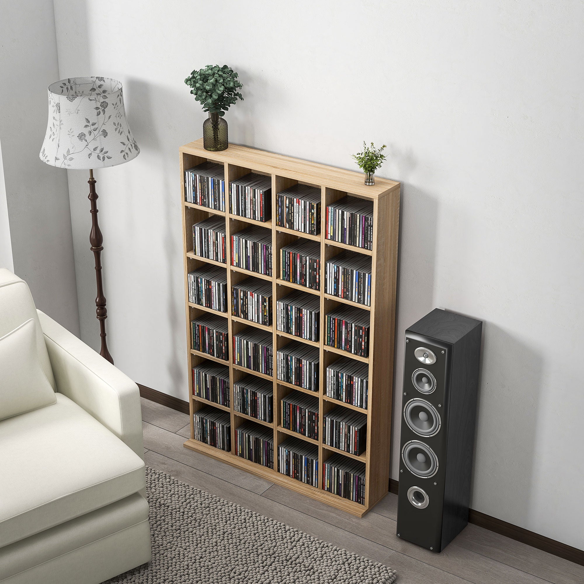 CD and DVD Storage, Multimedia Shelf with 24 Compartments, maximum capacity of 480 CDs/312 DVDs, wooden bookshelf with adjustable shelves, 89 x 20 x 130.5 cm, Natural Wood