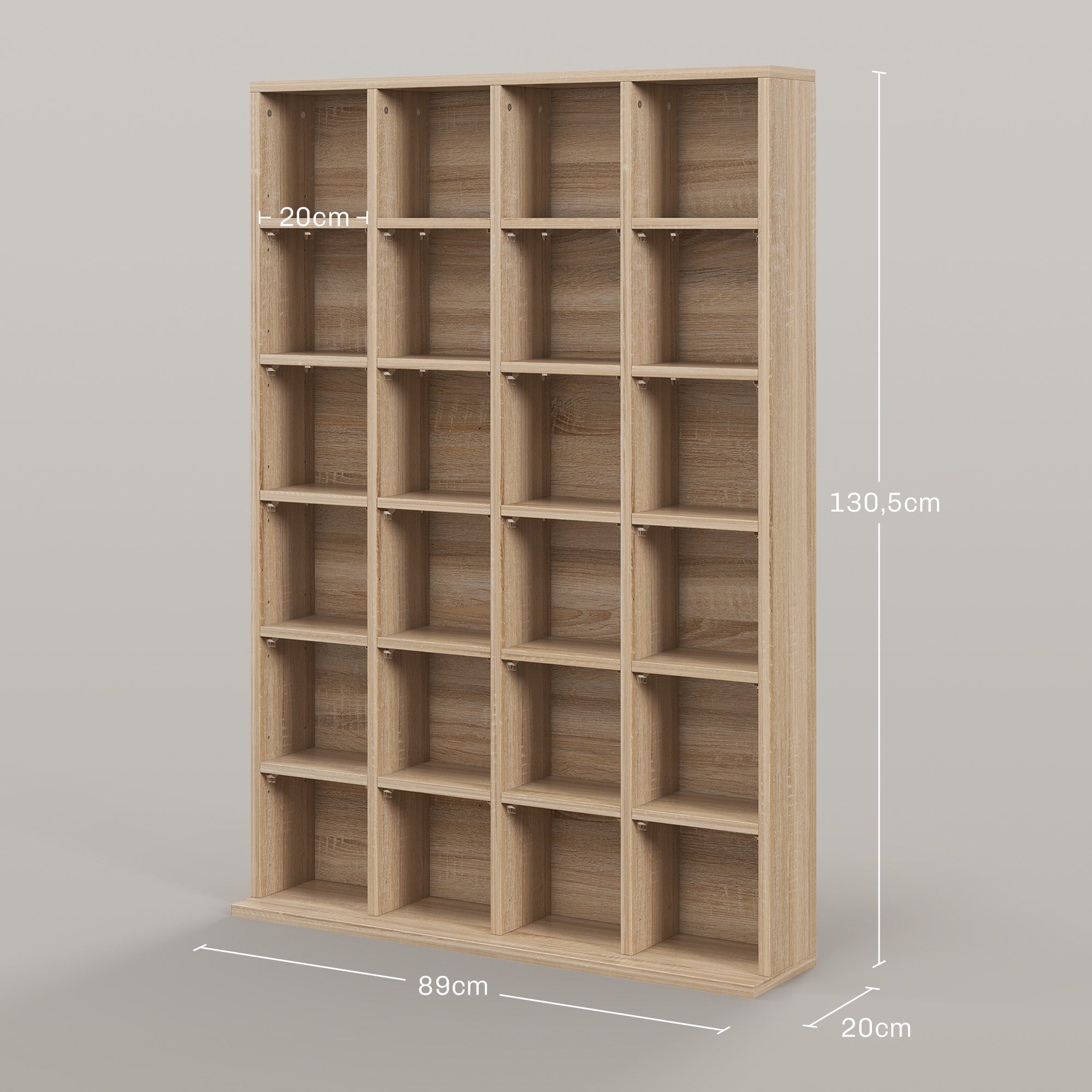 CD and DVD Storage, Multimedia Shelf with 24 Compartments, maximum capacity of 480 CDs/312 DVDs, wooden bookshelf with adjustable shelves, 89 x 20 x 130.5 cm, Natural Wood