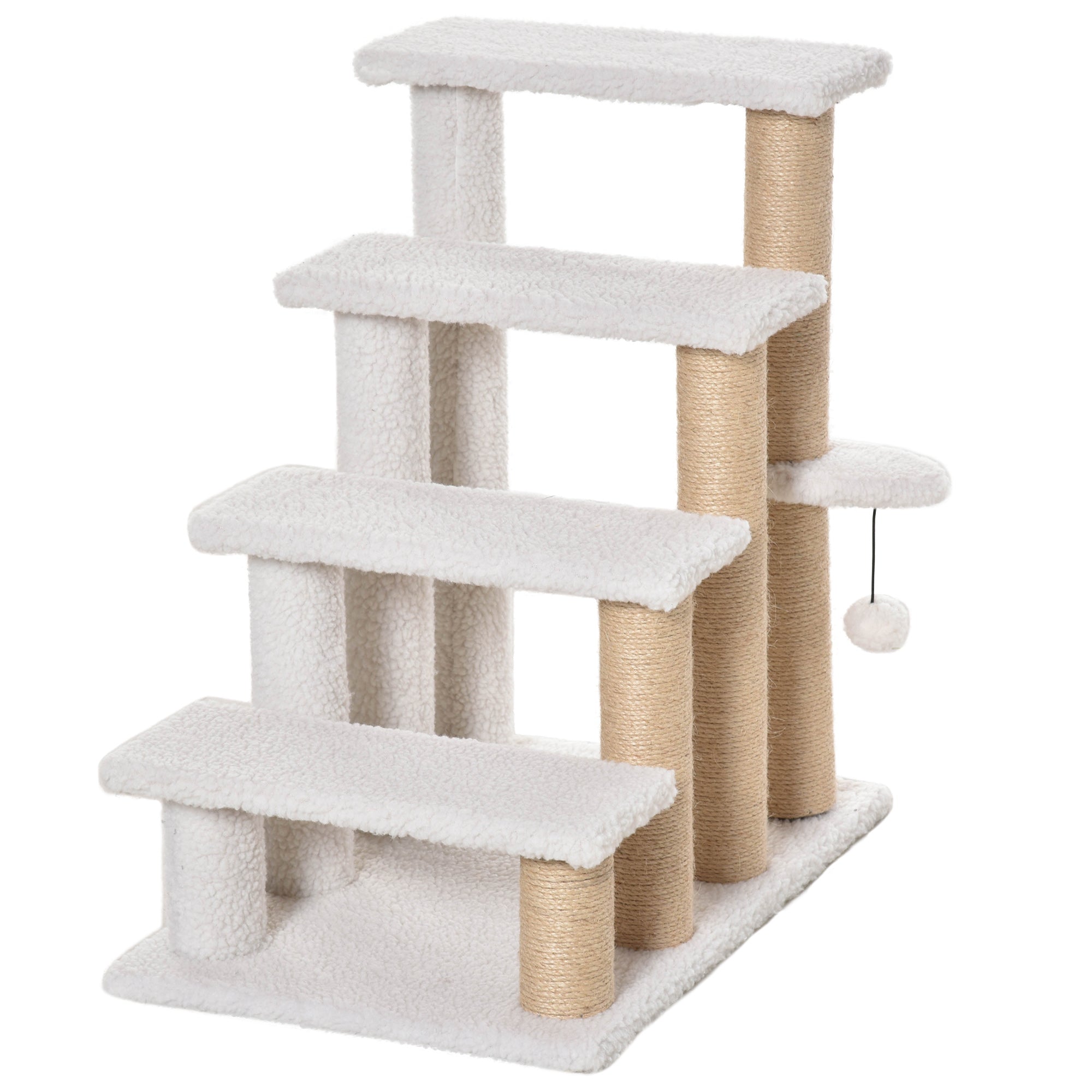 Cat Stairs 4-Step Pet Stairs with Scratching Posts Ball Dog Stairs Pet Steps for Cats up to 5 kg Plush Jute White 60 x 40 x 64 cm