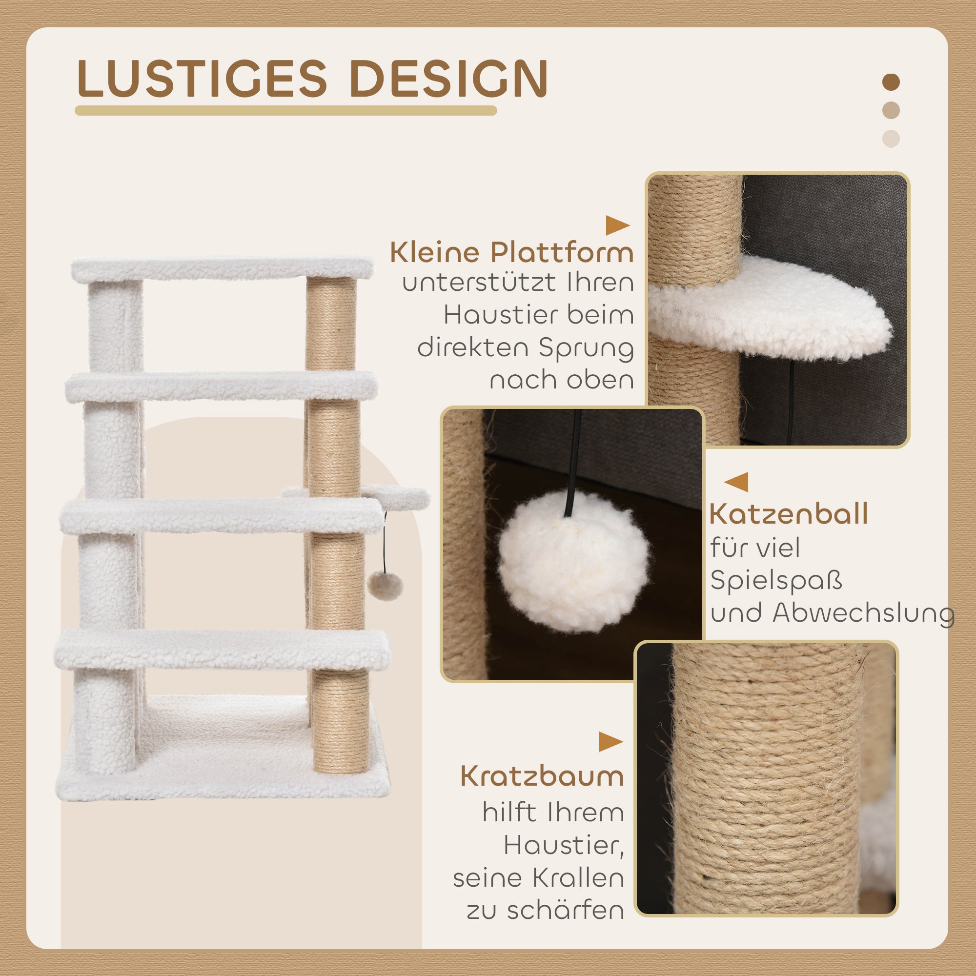 Cat Stairs 4-Step Pet Stairs with Scratching Posts Ball Dog Stairs Pet Steps for Cats up to 5 kg Plush Jute White 60 x 40 x 64 cm