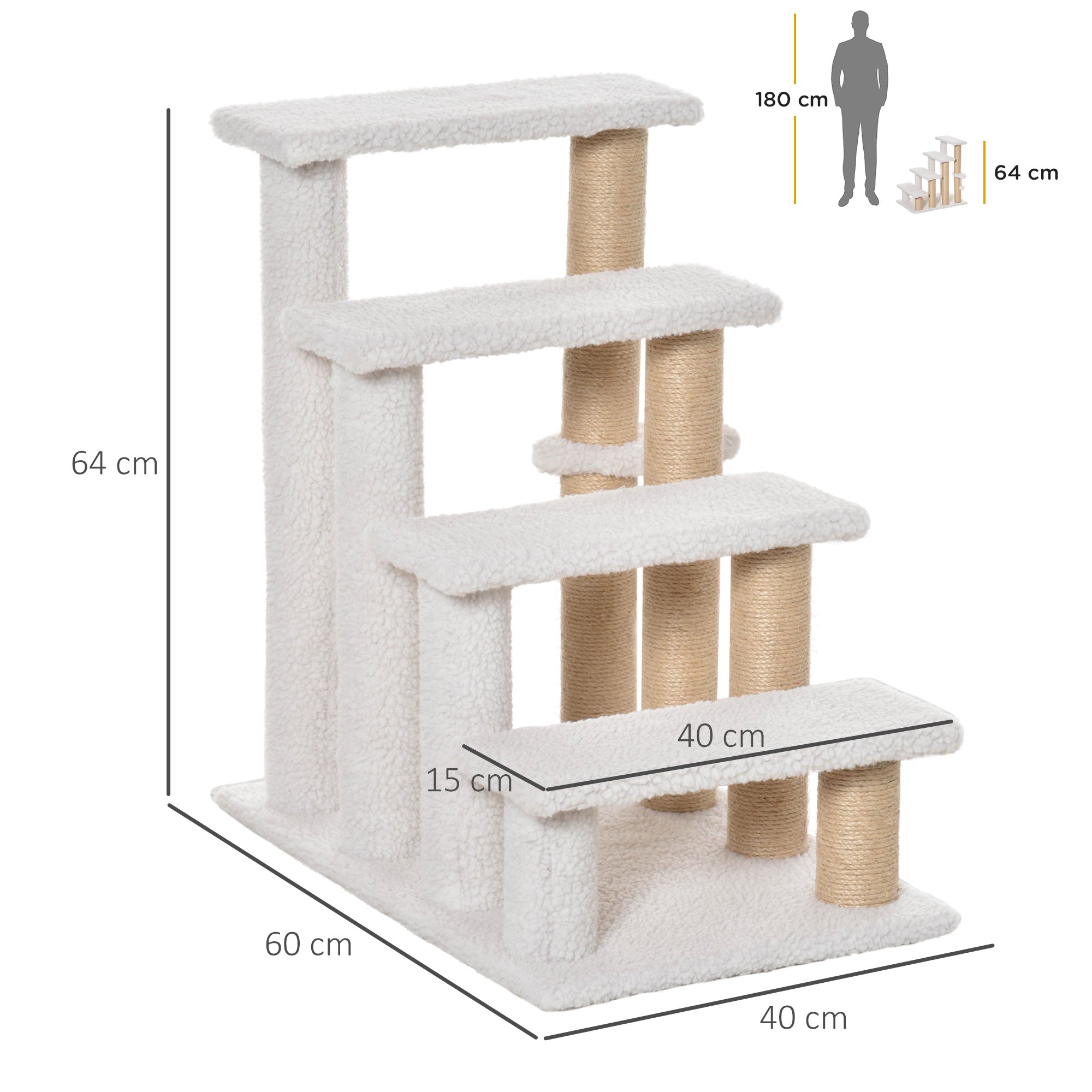Cat Stairs 4-Step Pet Stairs with Scratching Posts Ball Dog Stairs Pet Steps for Cats up to 5 kg Plush Jute White 60 x 40 x 64 cm