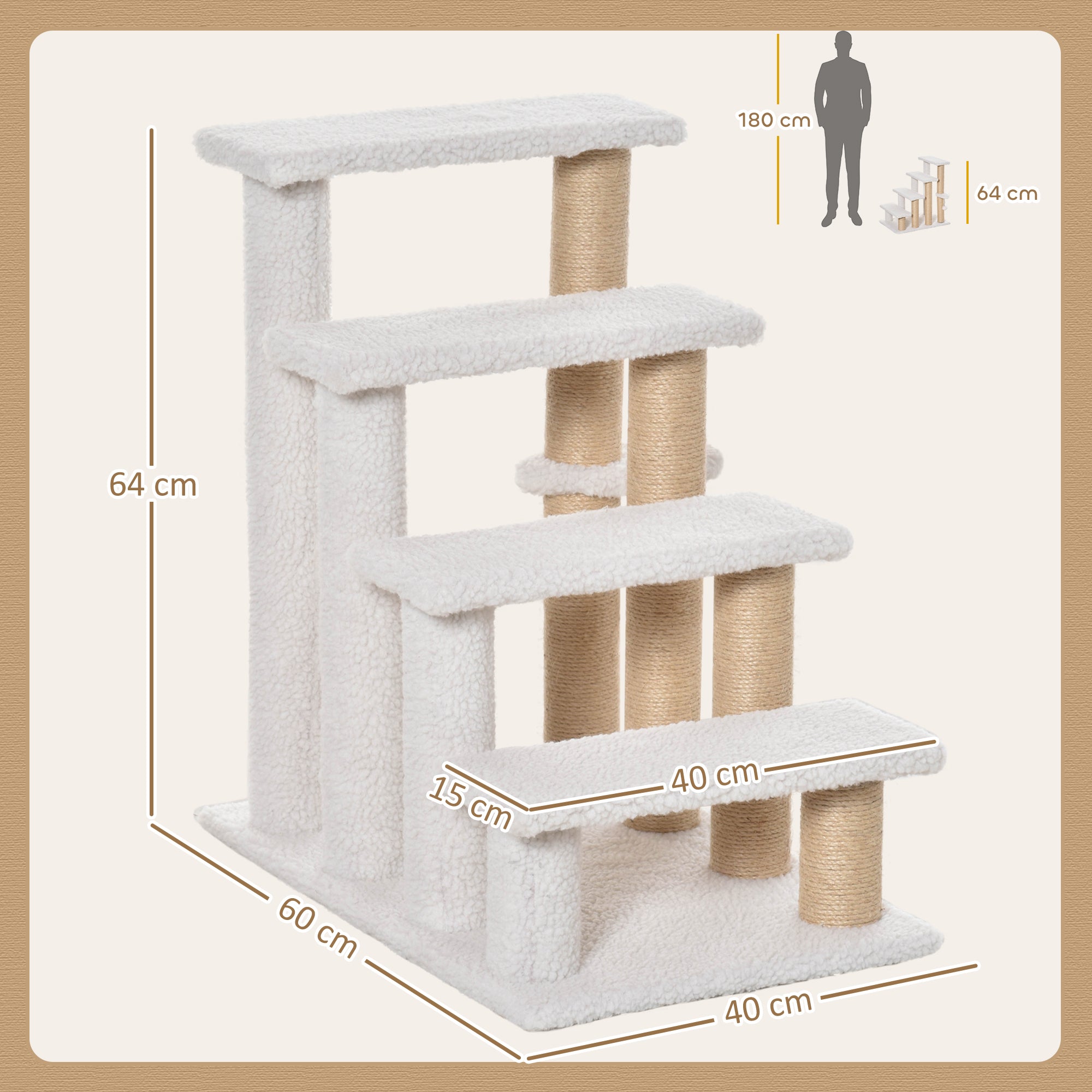 Cat Stairs 4-Step Pet Stairs with Scratching Posts Ball Dog Stairs Pet Steps for Cats up to 5 kg Plush Jute White 60 x 40 x 64 cm