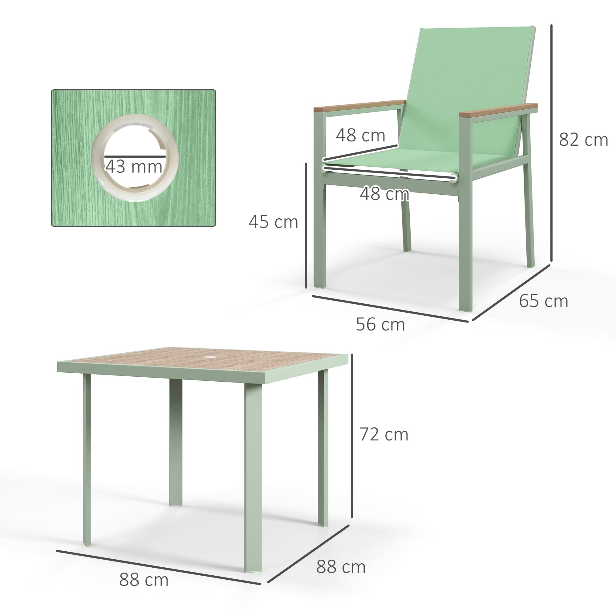 5-Piece Garden Set, Outdoor Set with 4 Armchairs with Mesh Fabric and Square Dining Table in Steel, Green