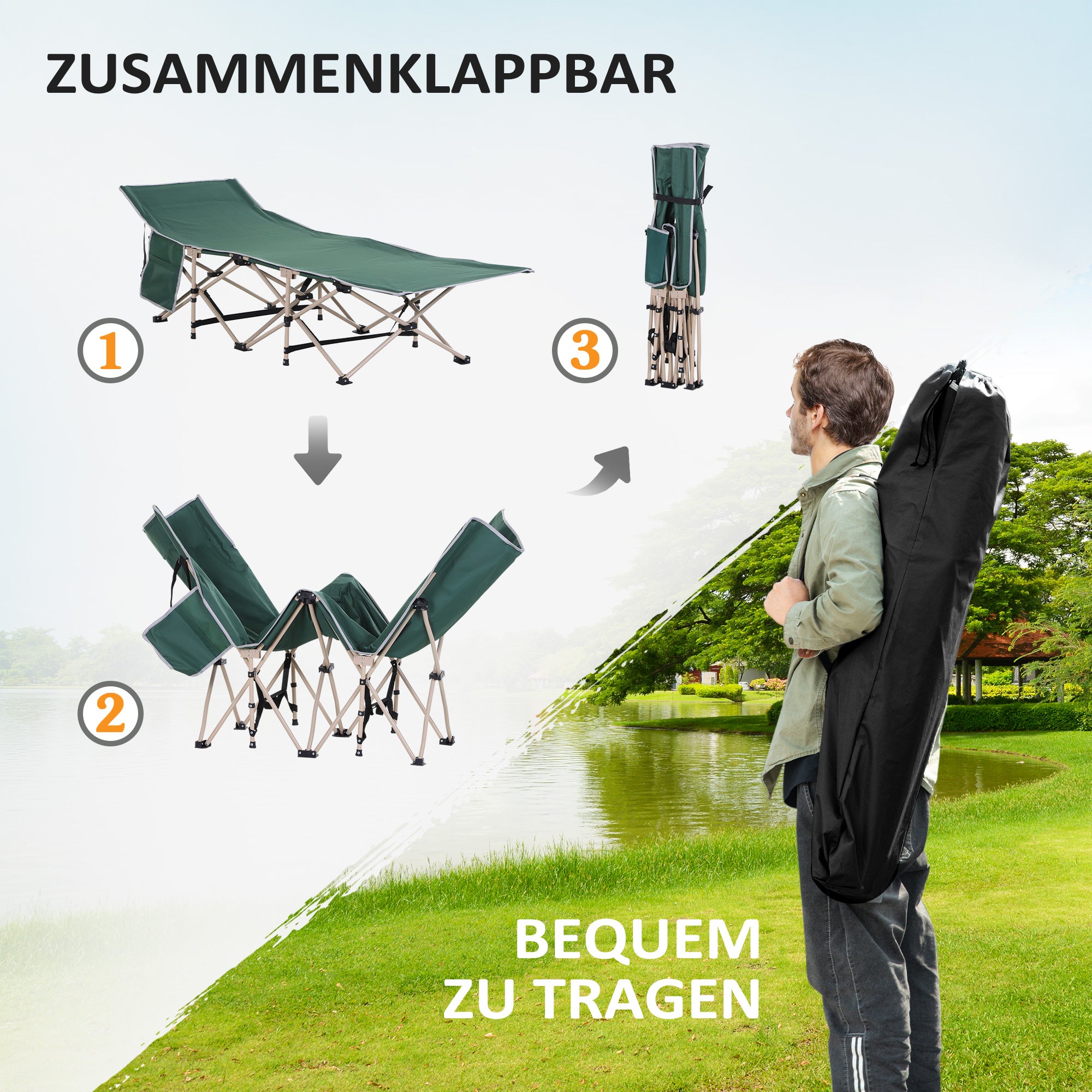 Folding camping bed with carry bag 190 x 68 x 52 cm Camping bed up to 150 kg Guest bed for adults Folding bed for indoor, outdoor, garden camping trips Green