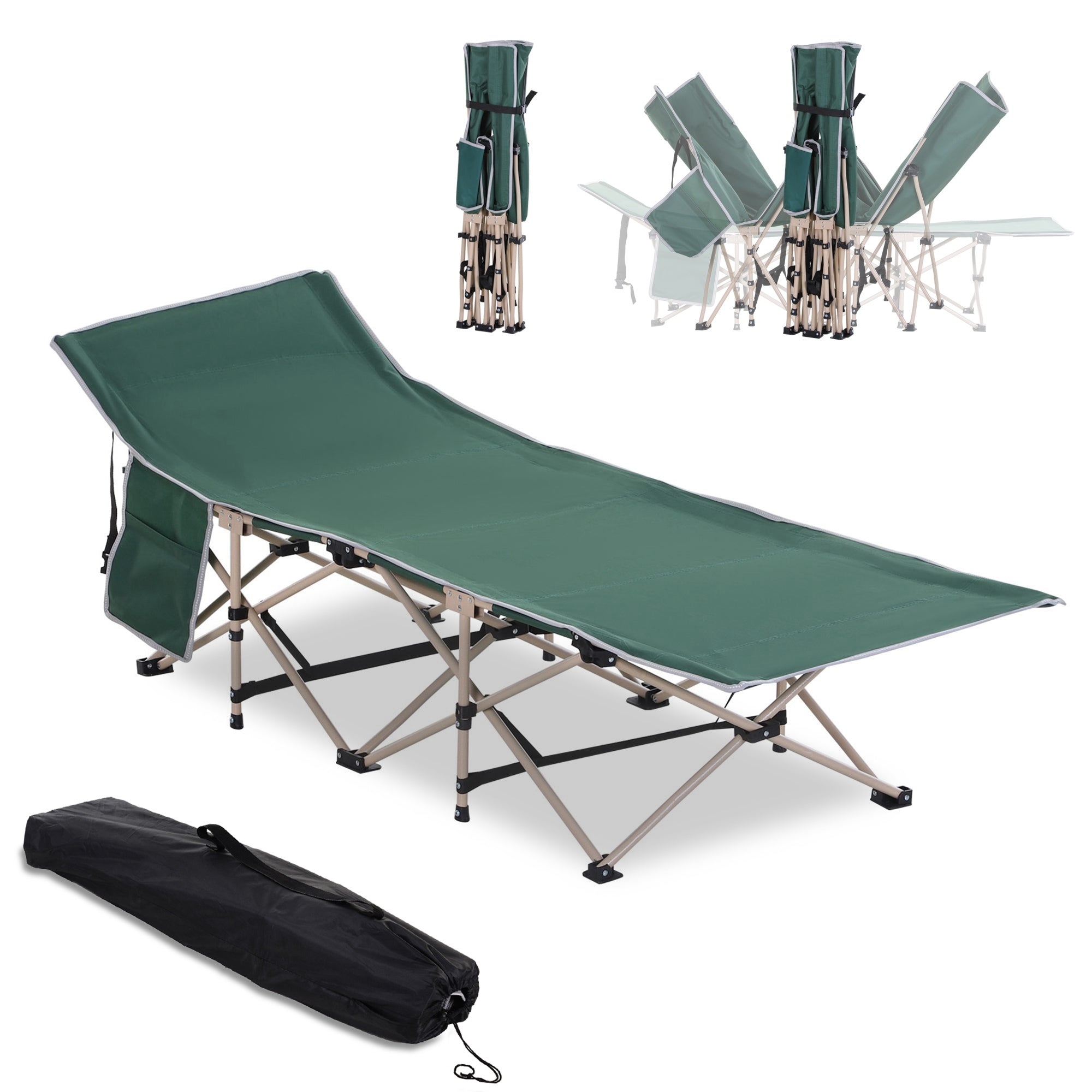Folding camping bed with carry bag 190 x 68 x 52 cm Camping bed up to 150 kg Guest bed for adults Folding bed for indoor, outdoor, garden camping trips Green