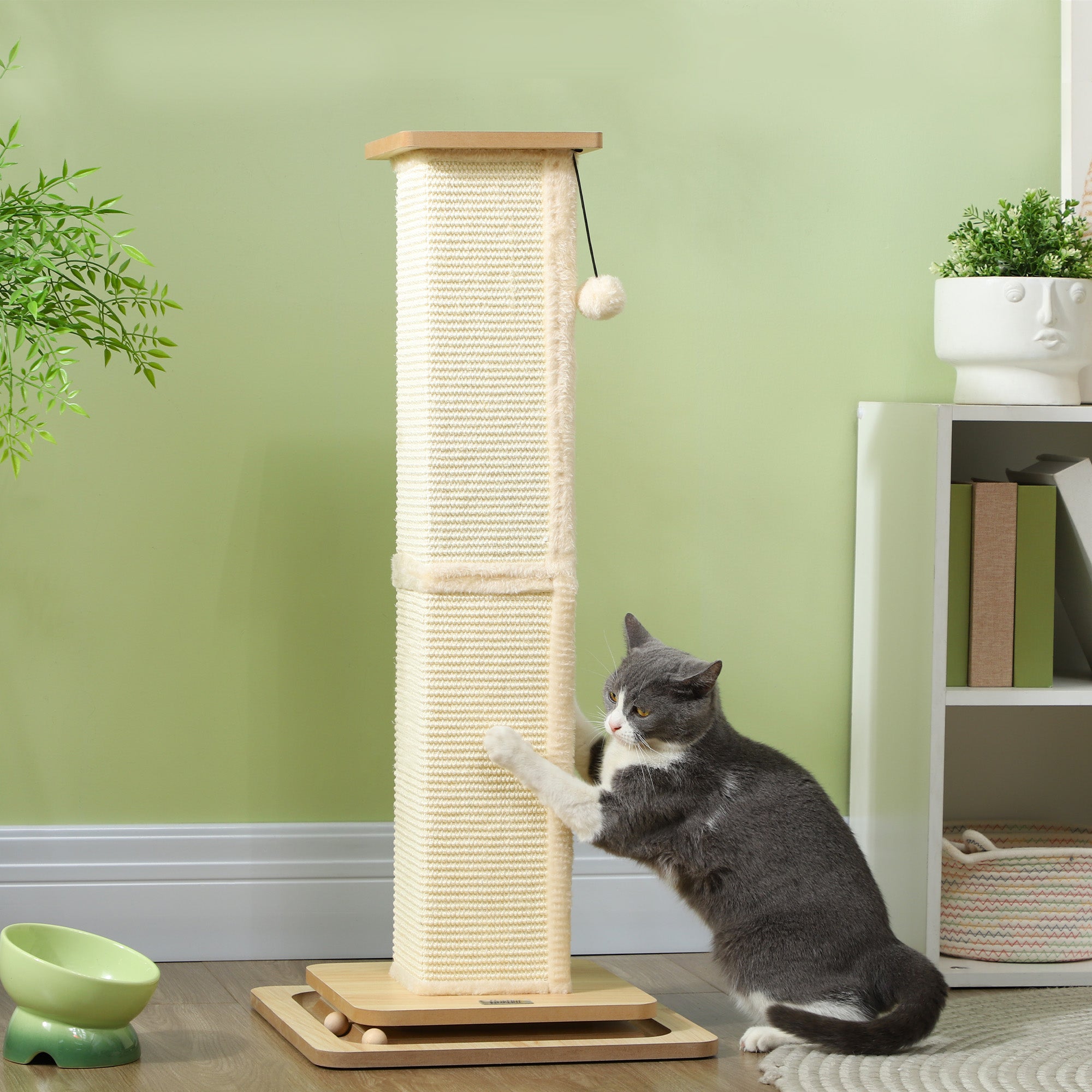 3-in-1 Scratching Post, 87cm Scratching Column, Sisal Cat Scratching Tree with Play Ball, Cat Scratching Furniture, Indoor, Oak
