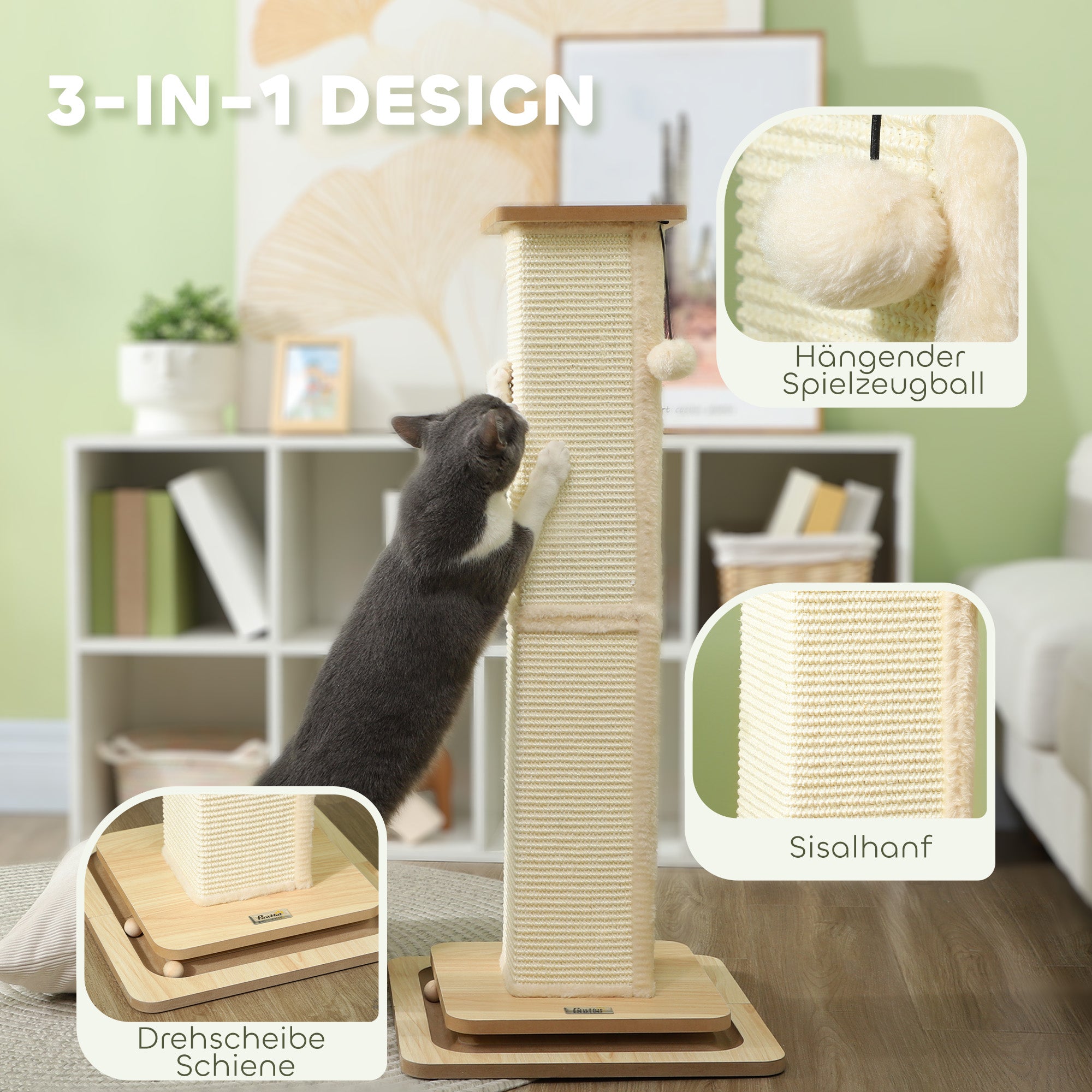 3-in-1 Scratching Post, 87cm Scratching Column, Sisal Cat Scratching Tree with Play Ball, Cat Scratching Furniture, Indoor, Oak