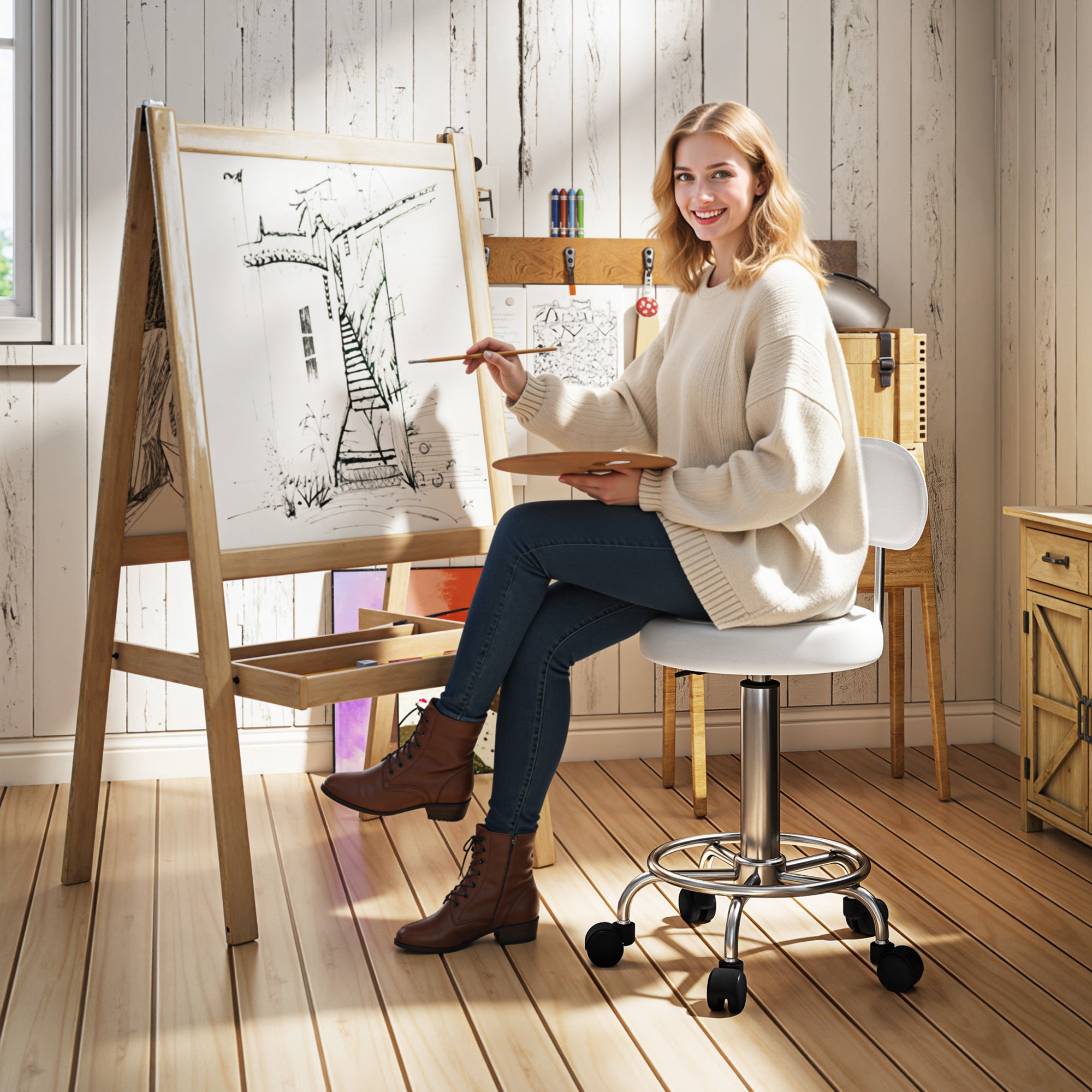 Adjustable Swivel Stool with Wheels & Backrest, White PU Leather — 27.6–33.9 in Height