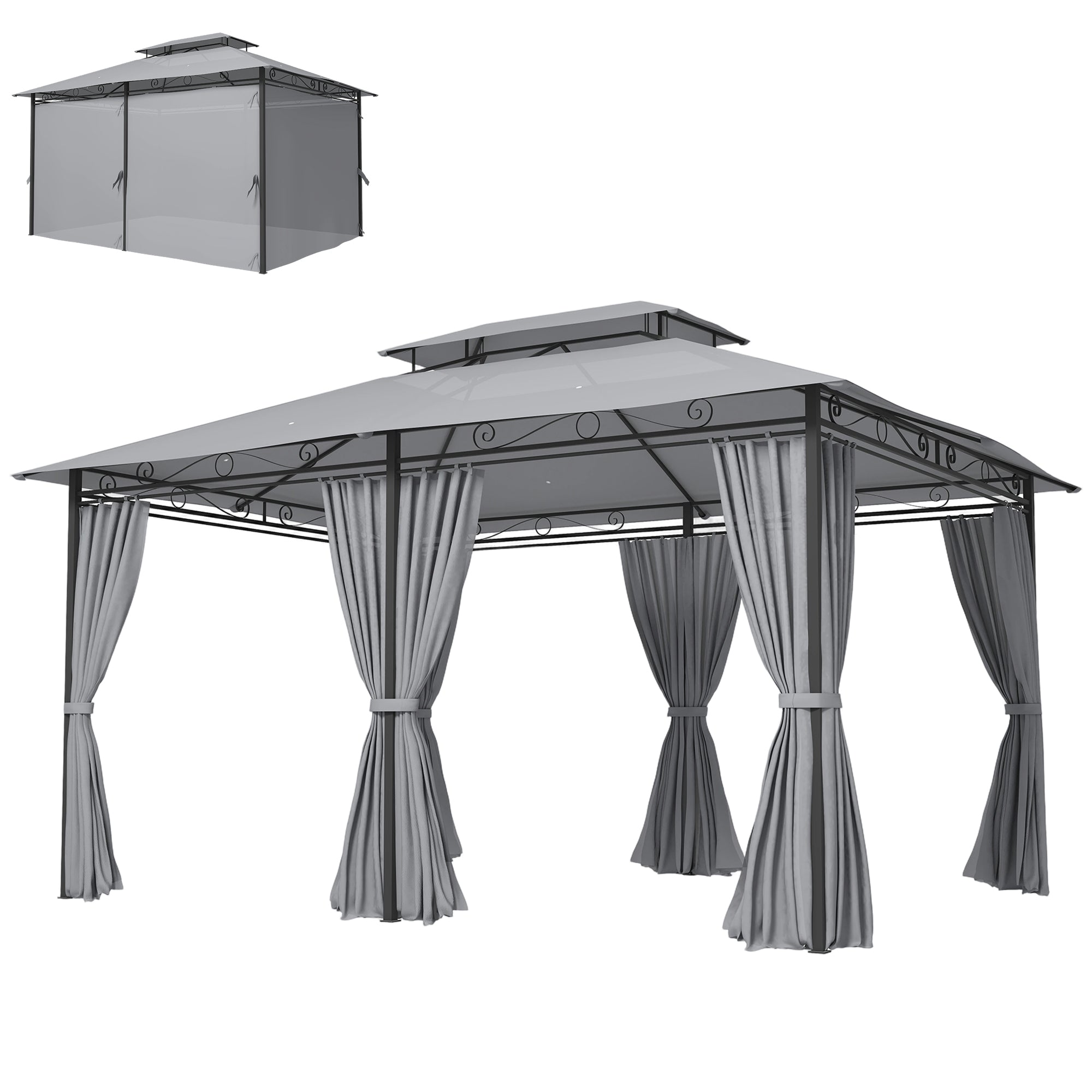 Gazebo 4 x 3 m (13 x 10 ft) — Water-Resistant, Sturdy Metal Pavilion with Double Roof and 6 Side Panels, Dark Gray