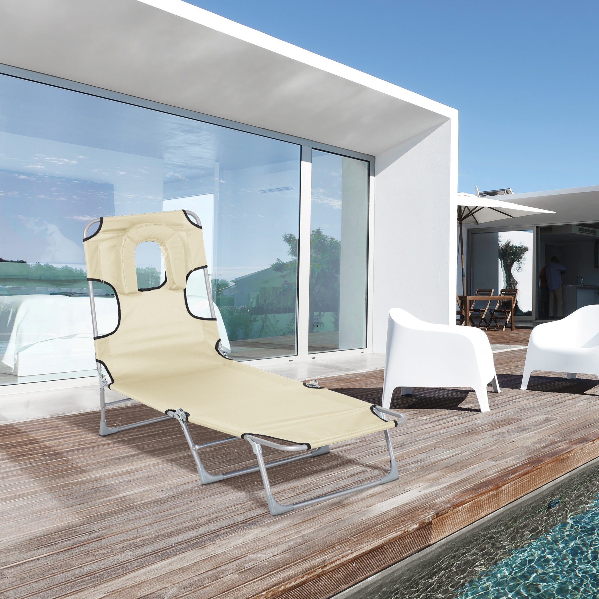 Folding and Reclining Garden Lounger with Reading Hole Headrest and 5-Level Adjustable Back Beach 182x56x28 cm Beige