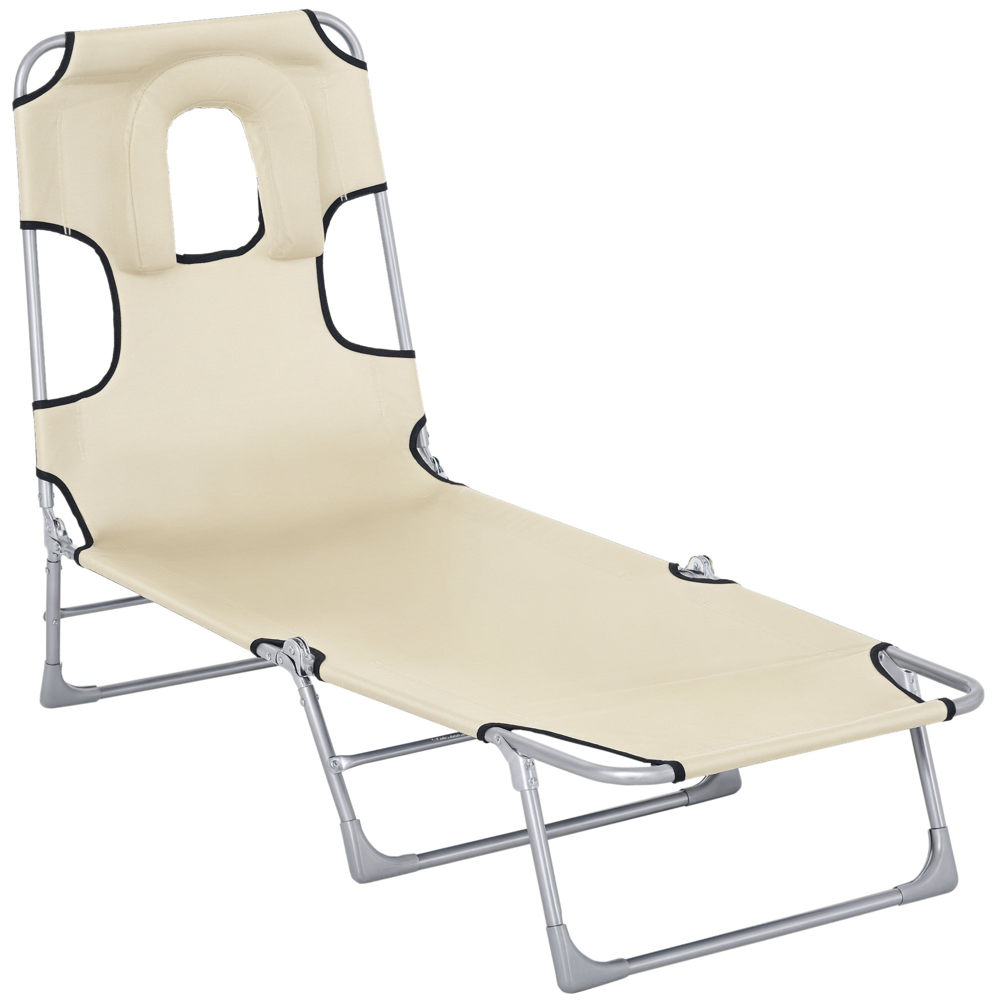 Folding and Reclining Garden Lounger with Reading Hole Headrest and 5-Level Adjustable Back Beach 182x56x28 cm Beige