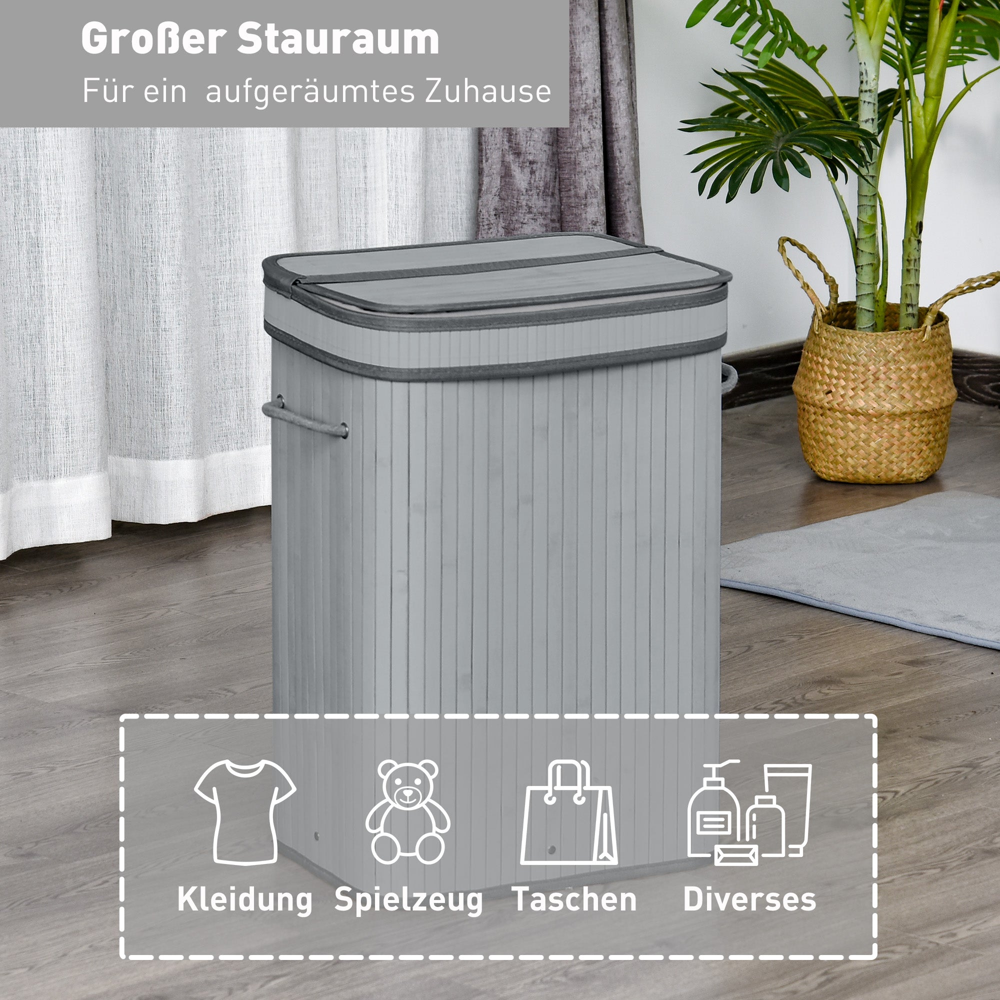 Bamboo Laundry Basket Slim with Lid 70 L Laundry Collector with Handles, Removable Laundry Bag, Laundry Baskets for Laundry Room Bedroom Bathroom Gray