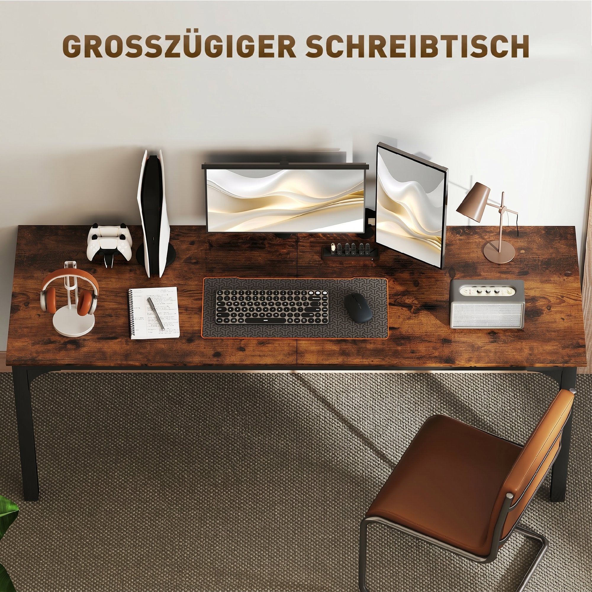 Computer Desk — Industrial-Style Steel Frame for Home Office/Bedroom, 200 x 60 x 75 cm (78.7 x 23.6 x 29.5 in), Rustic Brown