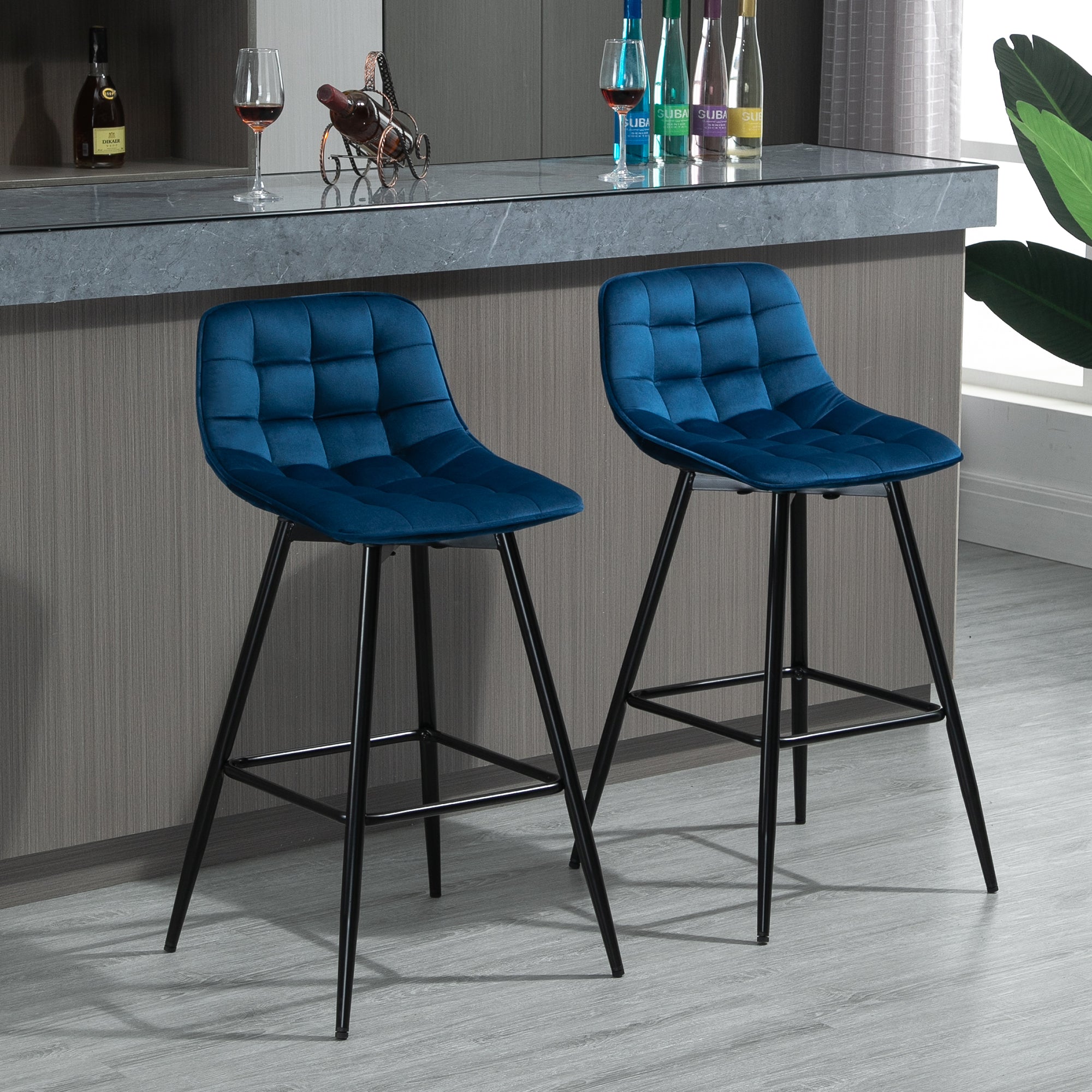 Set of 2 High Bar Stools in Nordic Style with Backrest and Footrest, Bar Stools with Velvet Effect Fabric and Metal, 45x47x88 cm, Blue