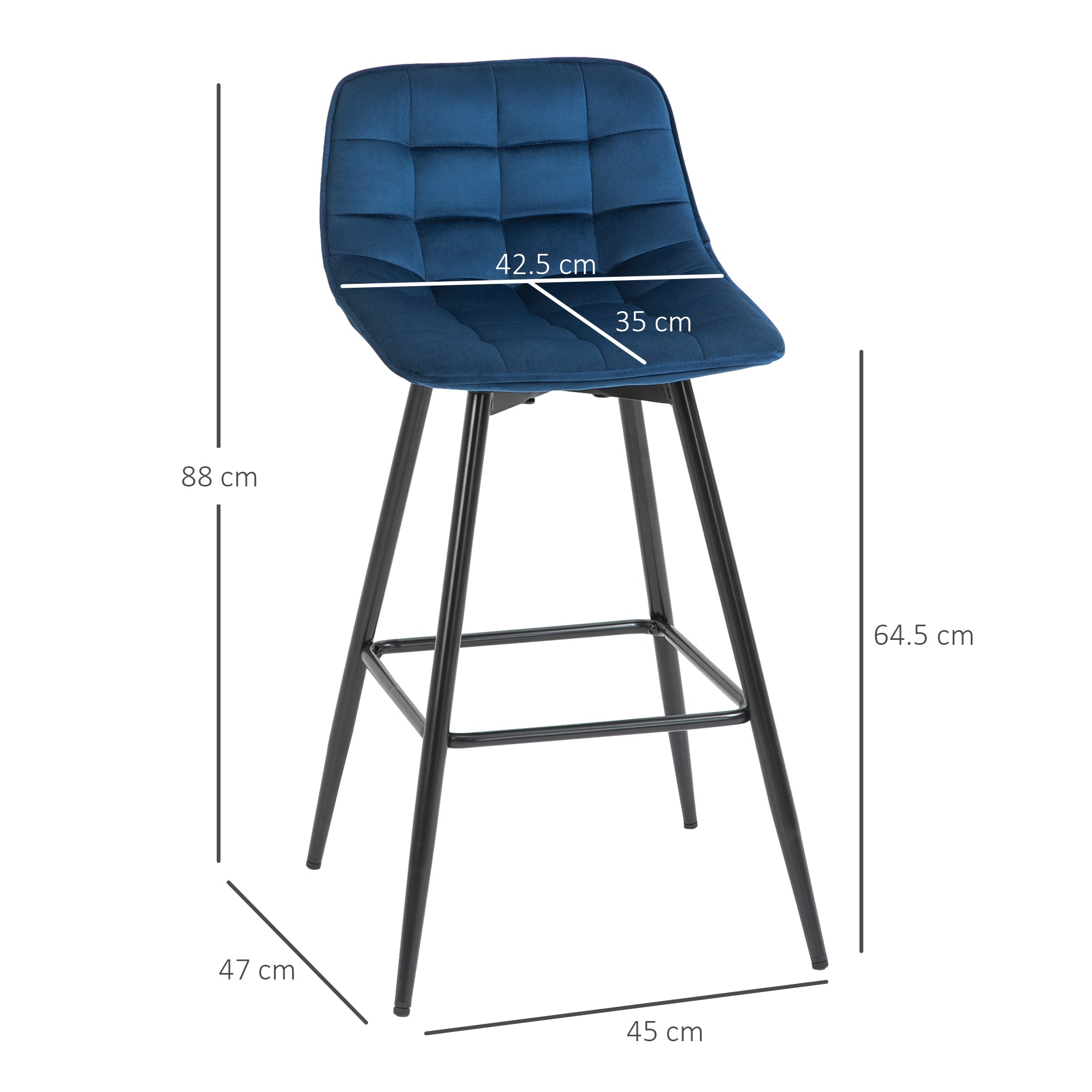 Set of 2 High Bar Stools in Nordic Style with Backrest and Footrest, Bar Stools with Velvet Effect Fabric and Metal, 45x47x88 cm, Blue