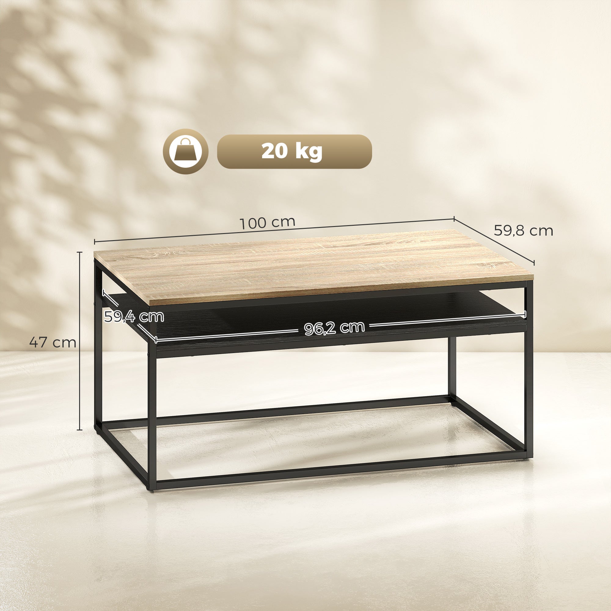 Coffee Table with Shelf, Modern Industrial Side Table for Living Room or Bedroom, 39.4 x 23.6 x 18.5 in (100 x 59.8 x 47 cm), Oak