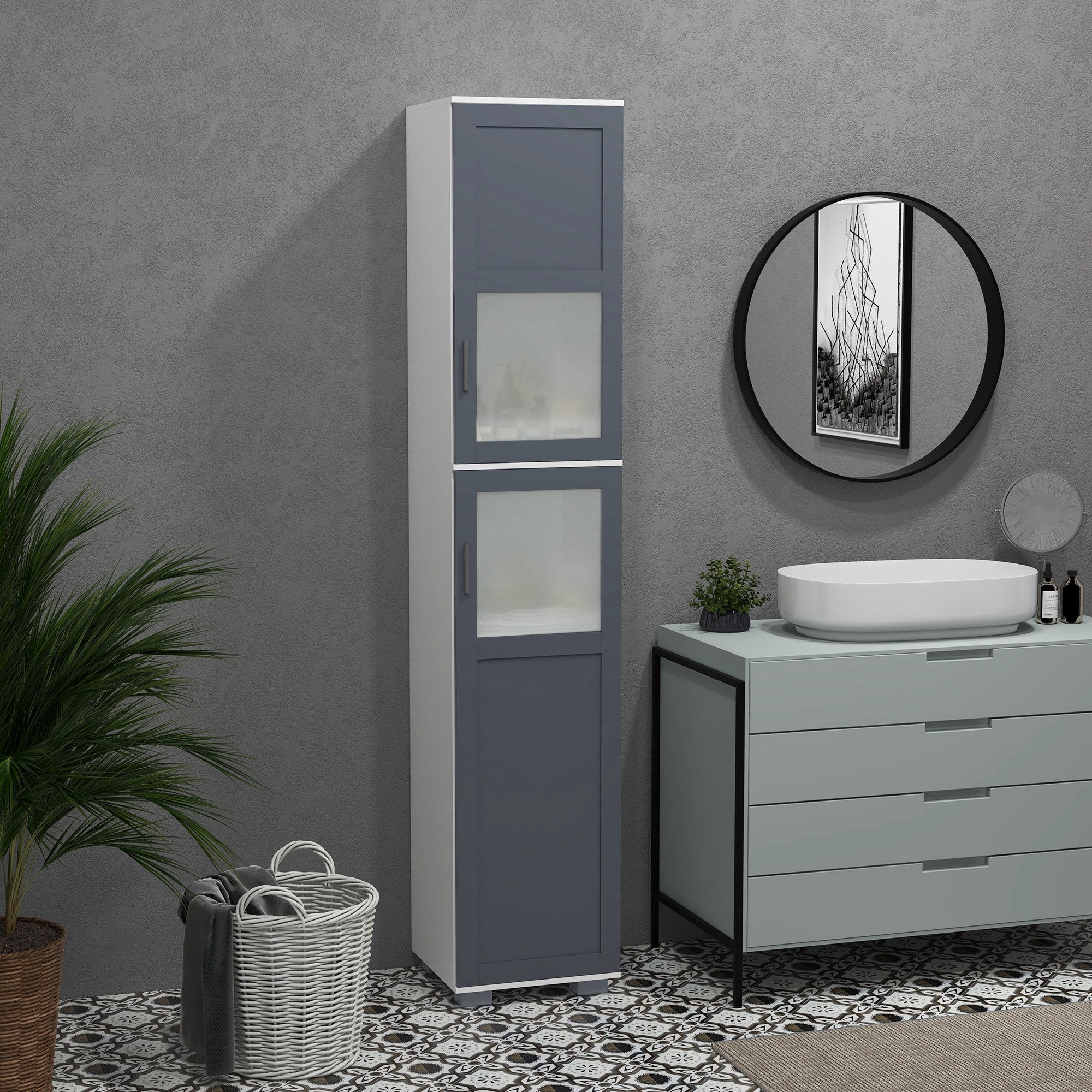 High Bathroom Cabinet Bathroom Column with 2 Tempered Glass Doors and Adjustable Shelves 37x35x190 cm White and Grey
