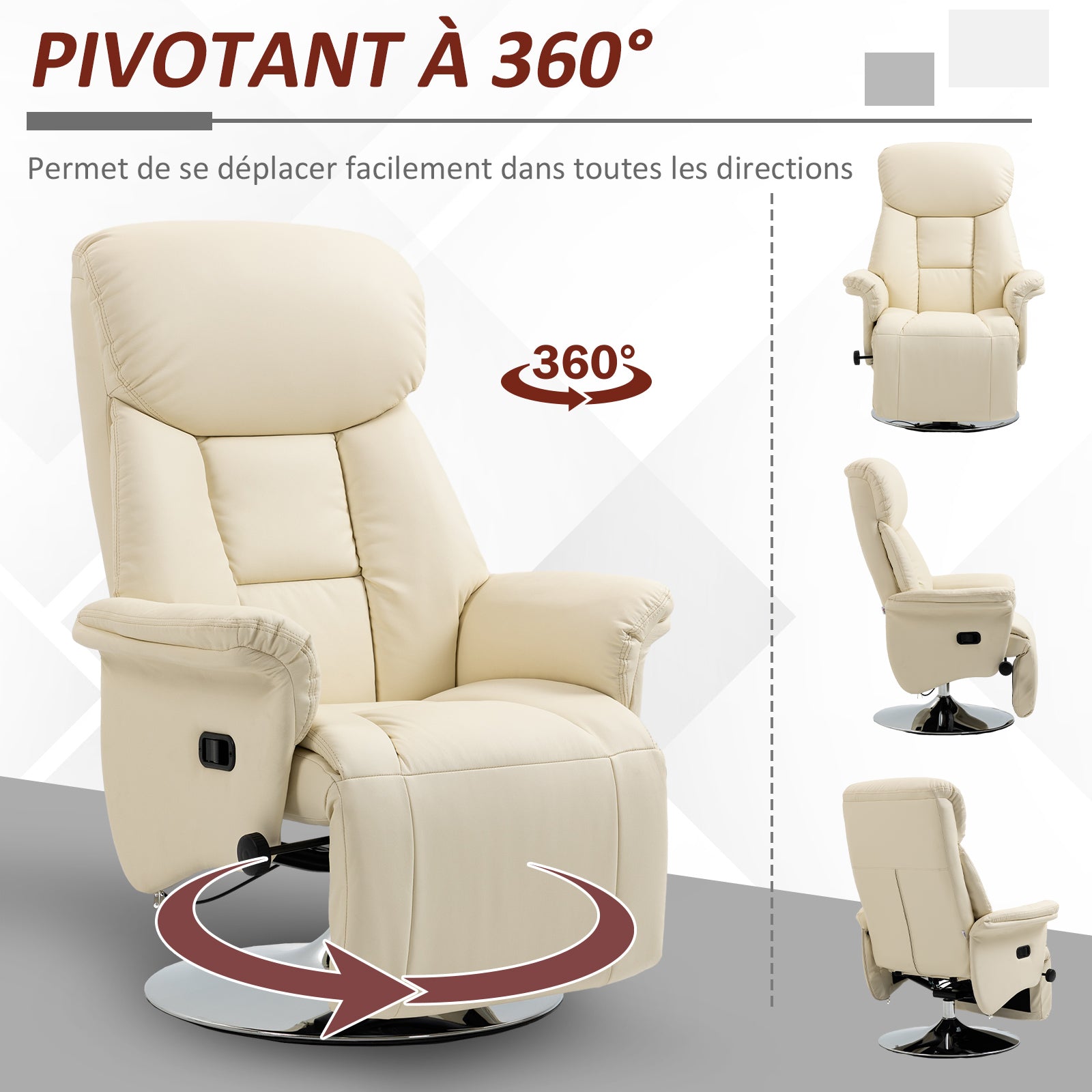 Relaxation Chair Reclining Lounge Chair Swivel Adjustable Footrest Armrests, TV Chair in Synthetic Leather, up to 150 kg, for Living Room, Bedroom, Home Cinema, Cream