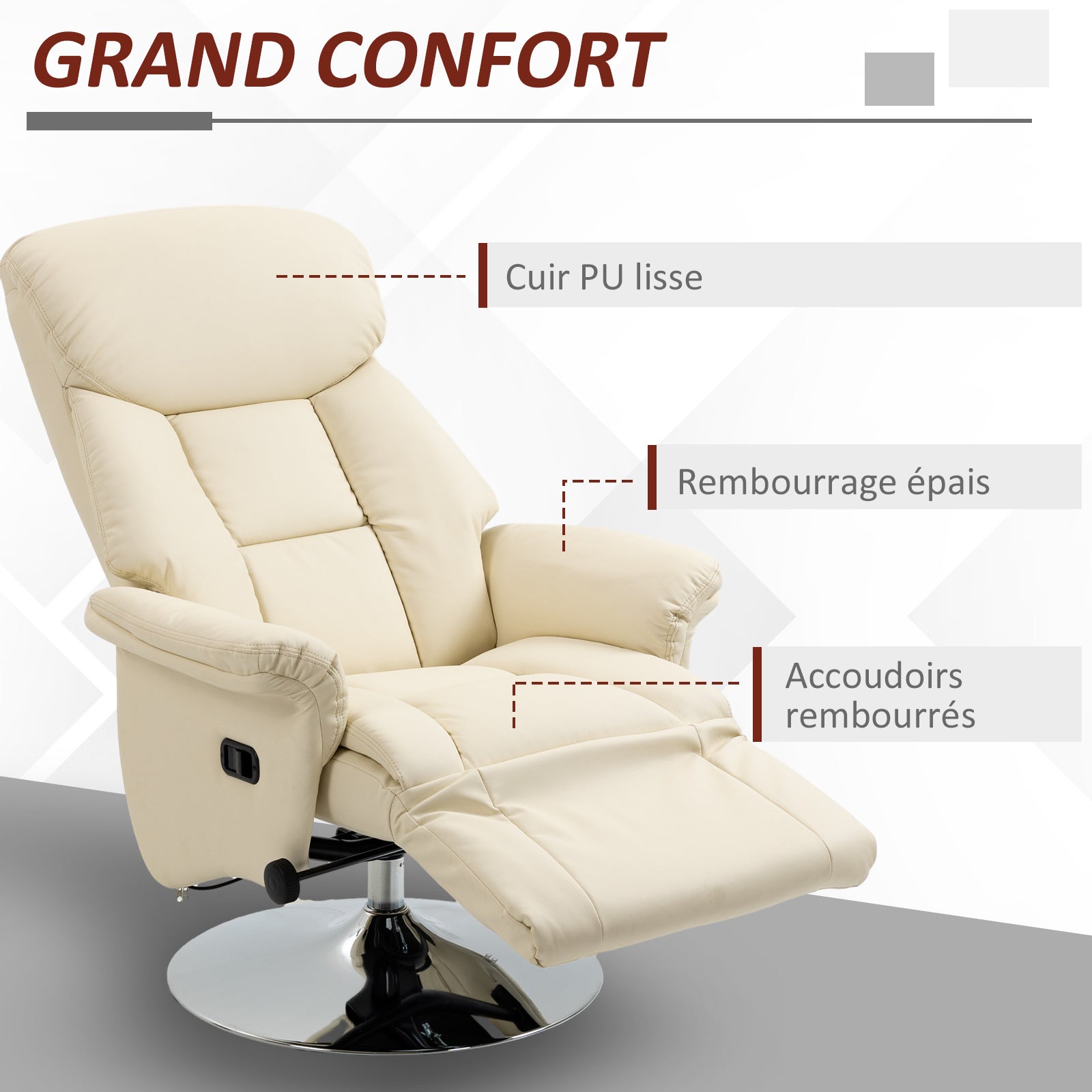 Relaxation Chair Reclining Lounge Chair Swivel Adjustable Footrest Armrests, TV Chair in Synthetic Leather, up to 150 kg, for Living Room, Bedroom, Home Cinema, Cream