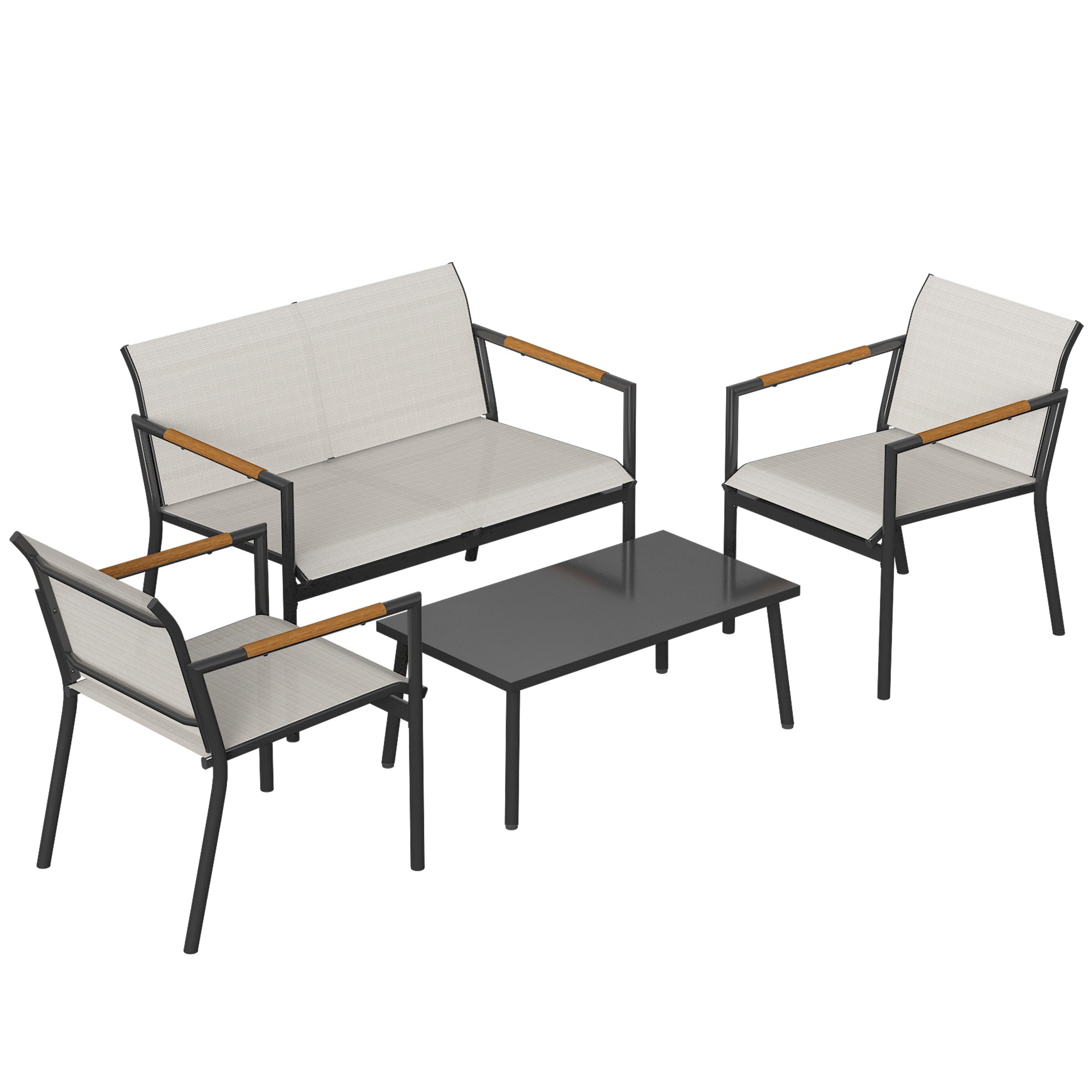 4-Piece Outdoor Patio Set — 2-Seat Sofa, 2 Armchairs & Metal-Top Table, Breathable Seats, Cream