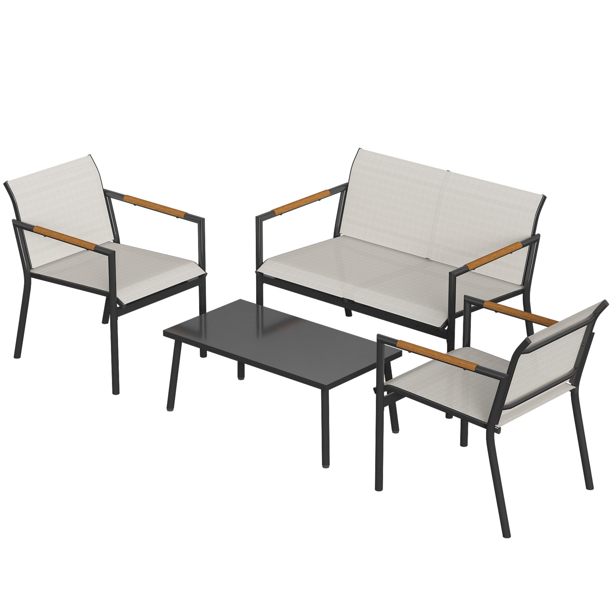 4-Piece Outdoor Patio Set — 2-Seat Sofa, 2 Armchairs & Metal-Top Table, Breathable Seats, Cream