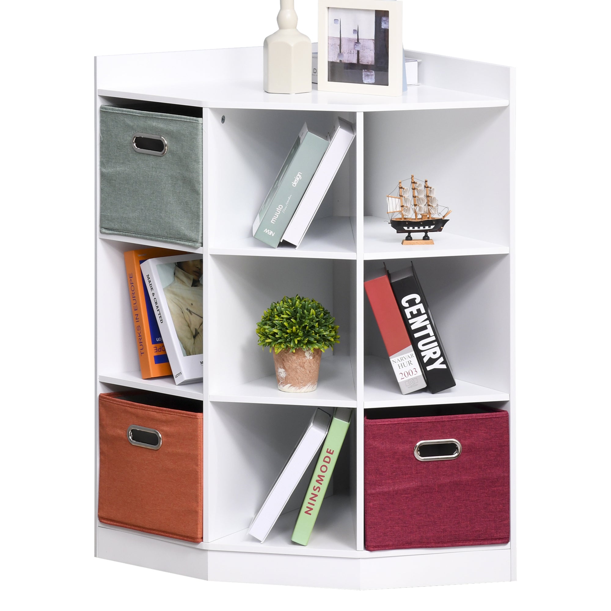 Corner Storage Unit Children's Furniture 9 Compartments 3 Non-Woven Fabric Drawers White MDF