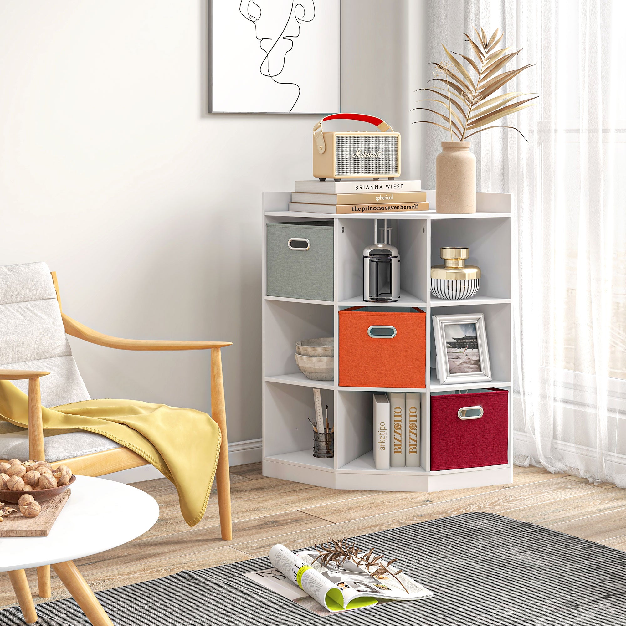 Corner Storage Unit Children's Furniture 9 Compartments 3 Non-Woven Fabric Drawers White MDF