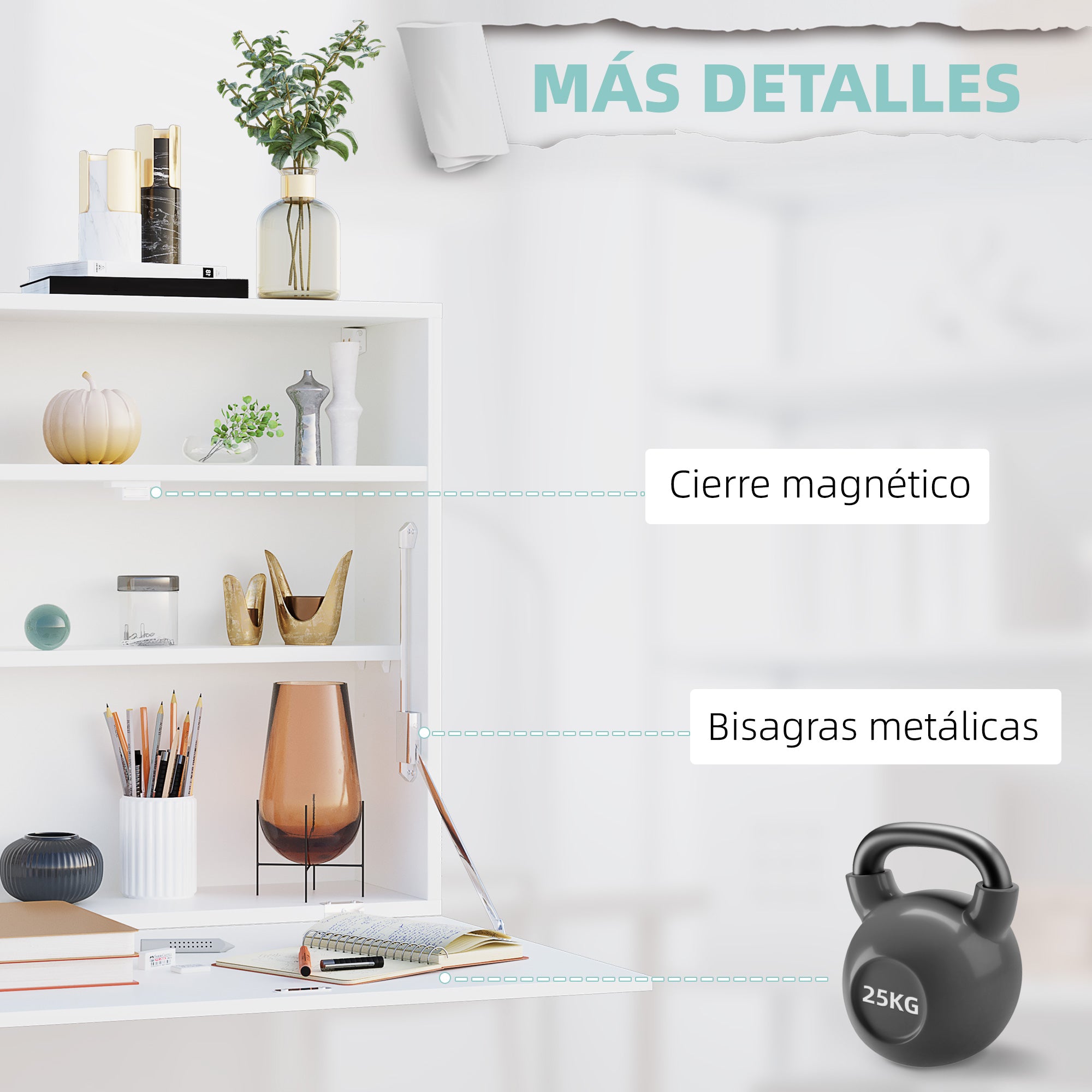 Modern Wall-Mounted Foldable Desk Floating Multifunctional with Storage Shelves Load 40 kg for Bedroom Living Room Office 64x20x60 cm White