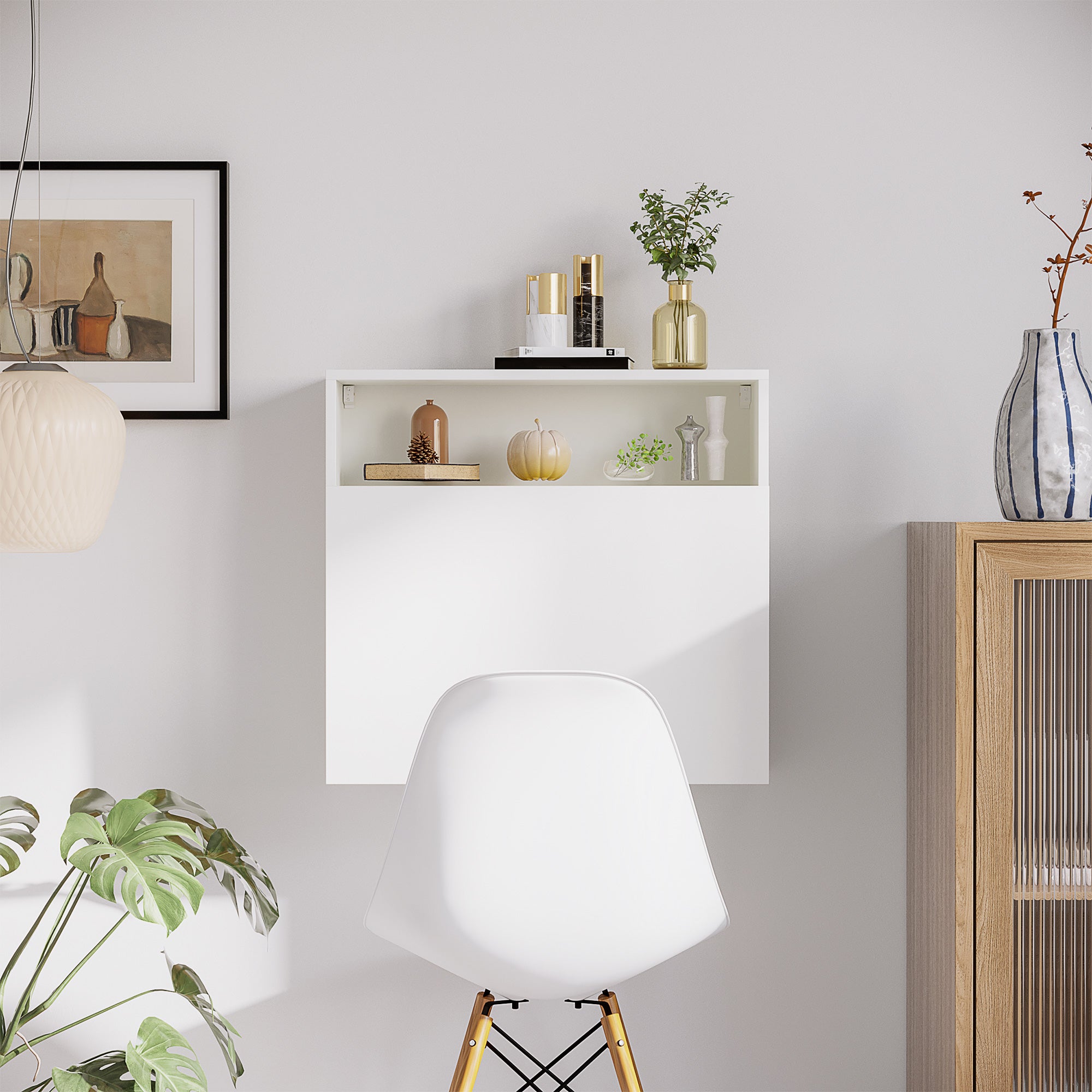 Modern Wall-Mounted Foldable Desk Floating Multifunctional with Storage Shelves Load 40 kg for Bedroom Living Room Office 64x20x60 cm White