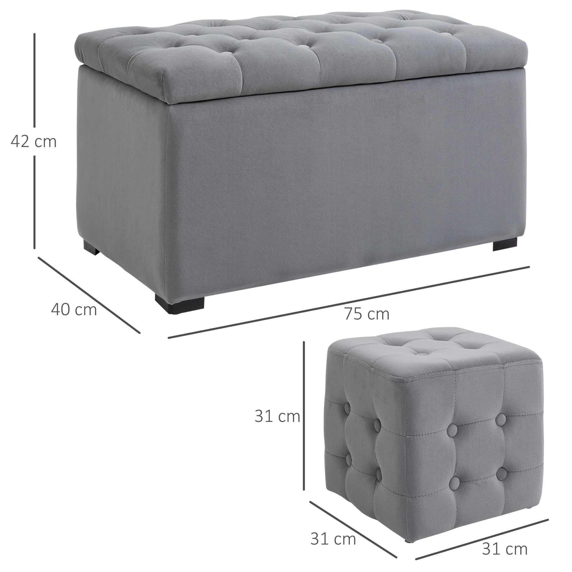 3-Piece Set with Storage, 2 x Ottomans, Upholstered Bench, Footstool, Storage Box, Footrest, Holds up to 130 kg, Microfiber Fabric, Foam, 75 x 40 x 42 cm, Light gray