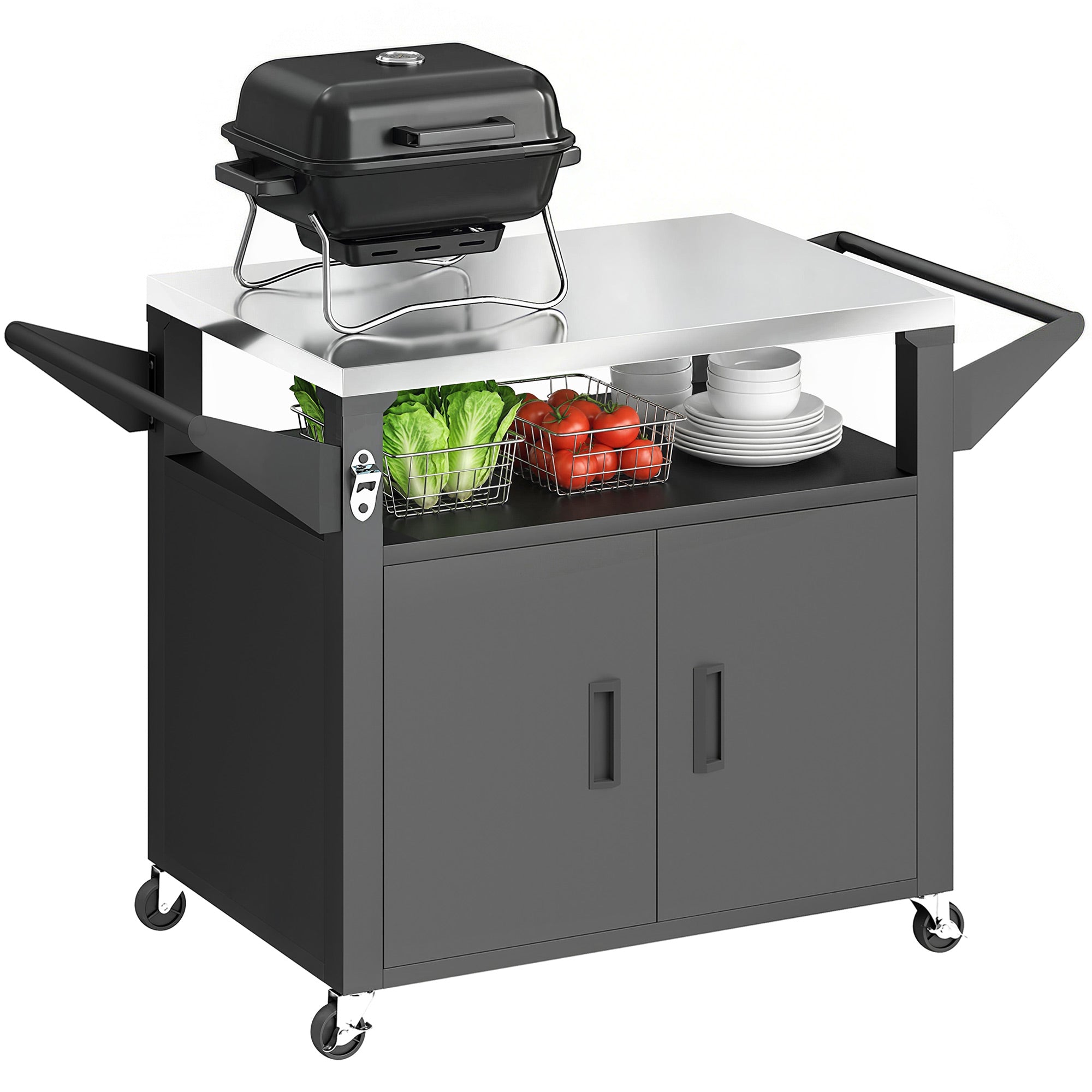 Kitchen Cart with Wheels, Serving Trolley with Cabinet, Handles, Kitchen Helper — BBQ Grill Table with Stainless Steel Top, 46.1 x 21.7 x 30.7 in, Black