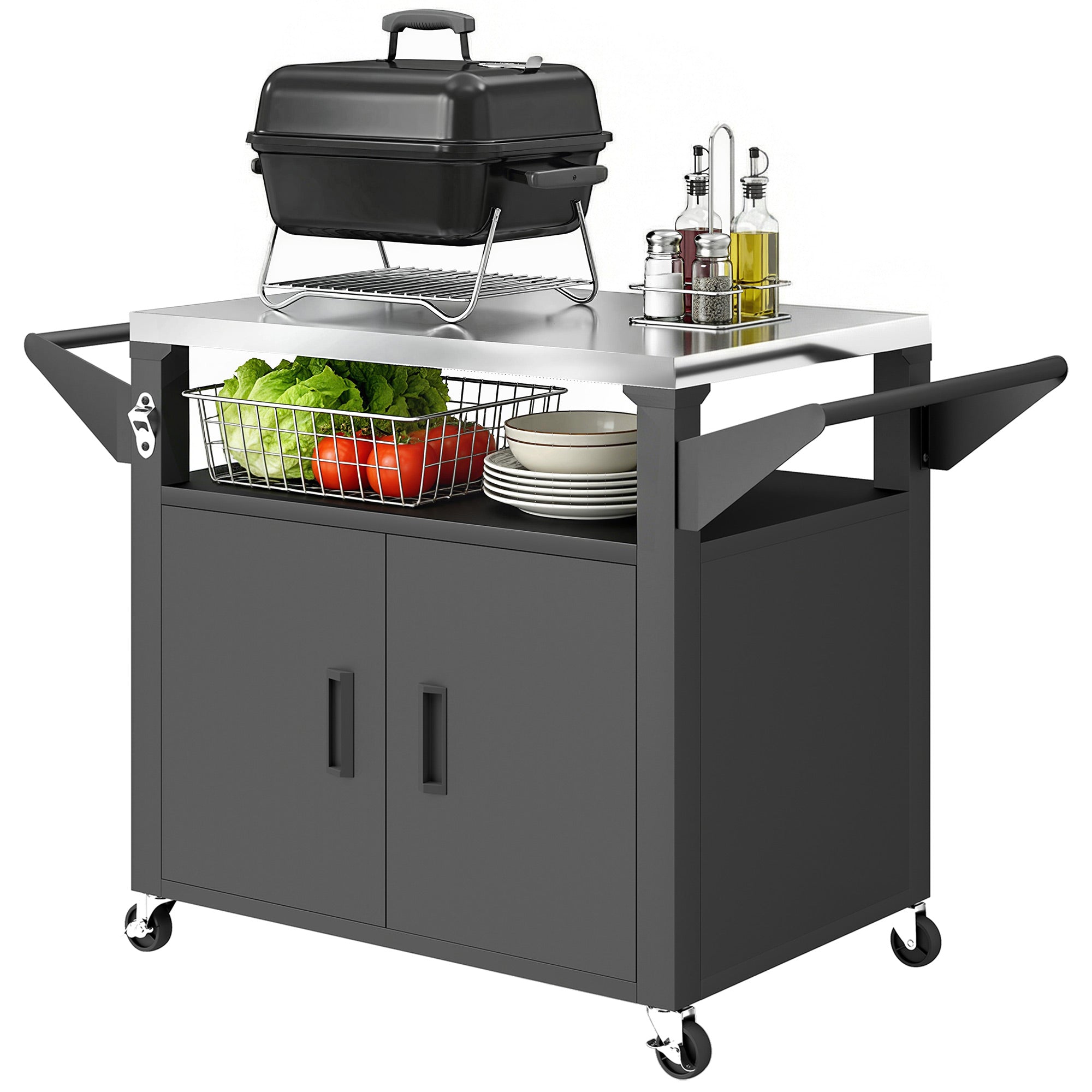 Kitchen Cart with Wheels, Serving Trolley with Cabinet, Handles, Kitchen Helper — BBQ Grill Table with Stainless Steel Top, 46.1 x 21.7 x 30.7 in, Black