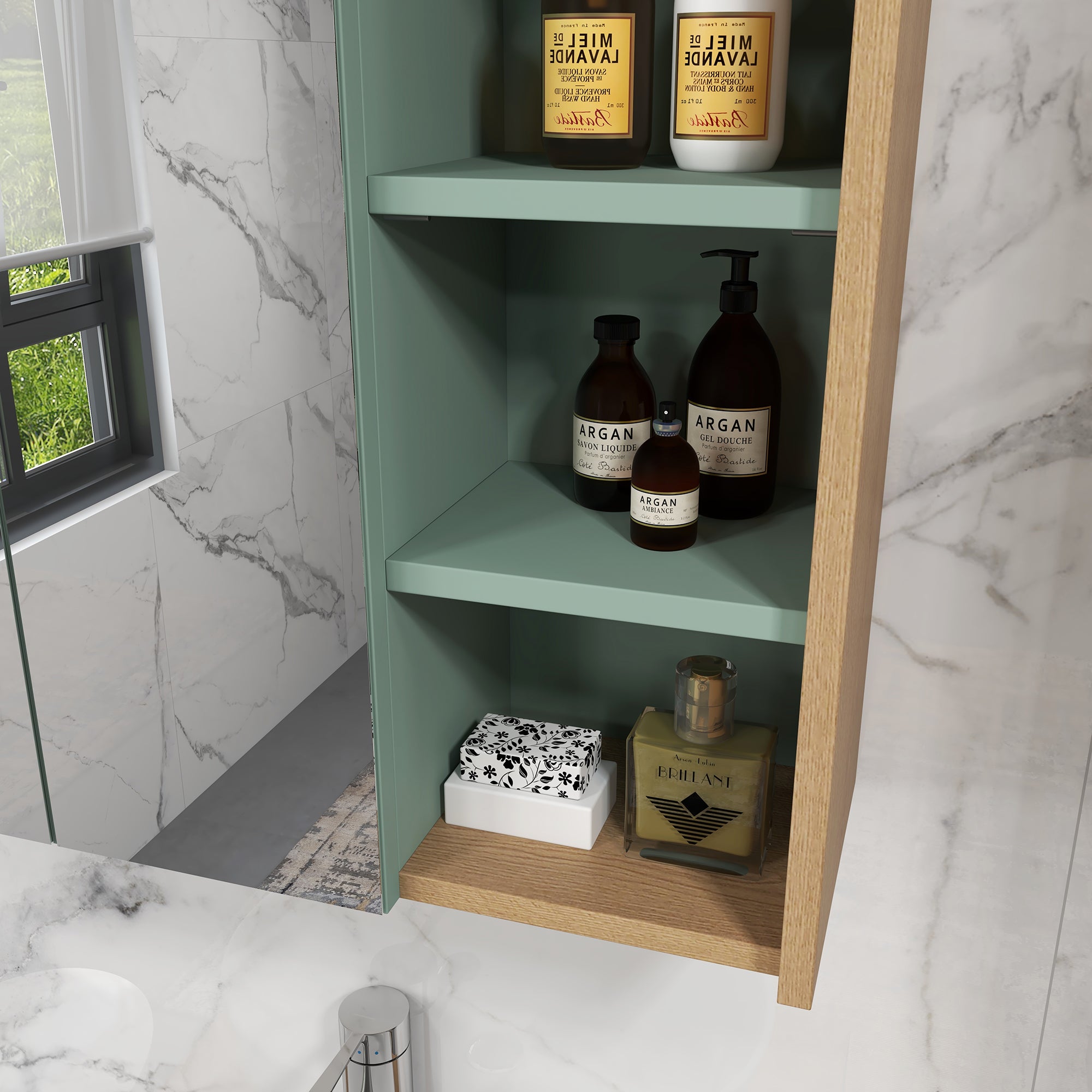 Bathroom Furniture Set Mirror Cabinet Bathroom + Suspended Under Sink Cabinet with Adjustable Shelves 2 Drawers Scandinavian Design Green