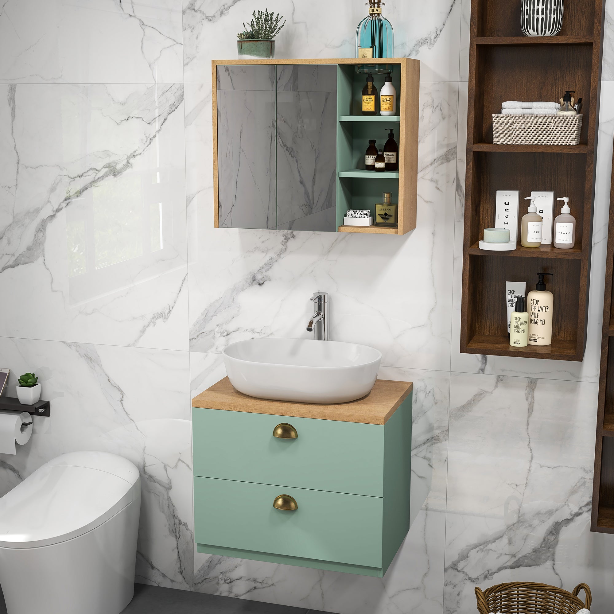 Bathroom Furniture Set Mirror Cabinet Bathroom + Suspended Under Sink Cabinet with Adjustable Shelves 2 Drawers Scandinavian Design Green