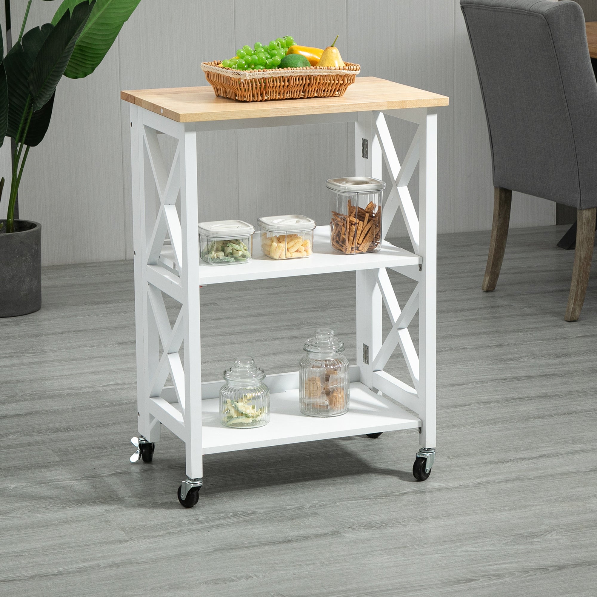 Folding Kitchen Cart Auxiliary Cart with Wheels Vegetable Cart with 2 Shelves for Dining Room Load 40 kg 60x40x84 cm White