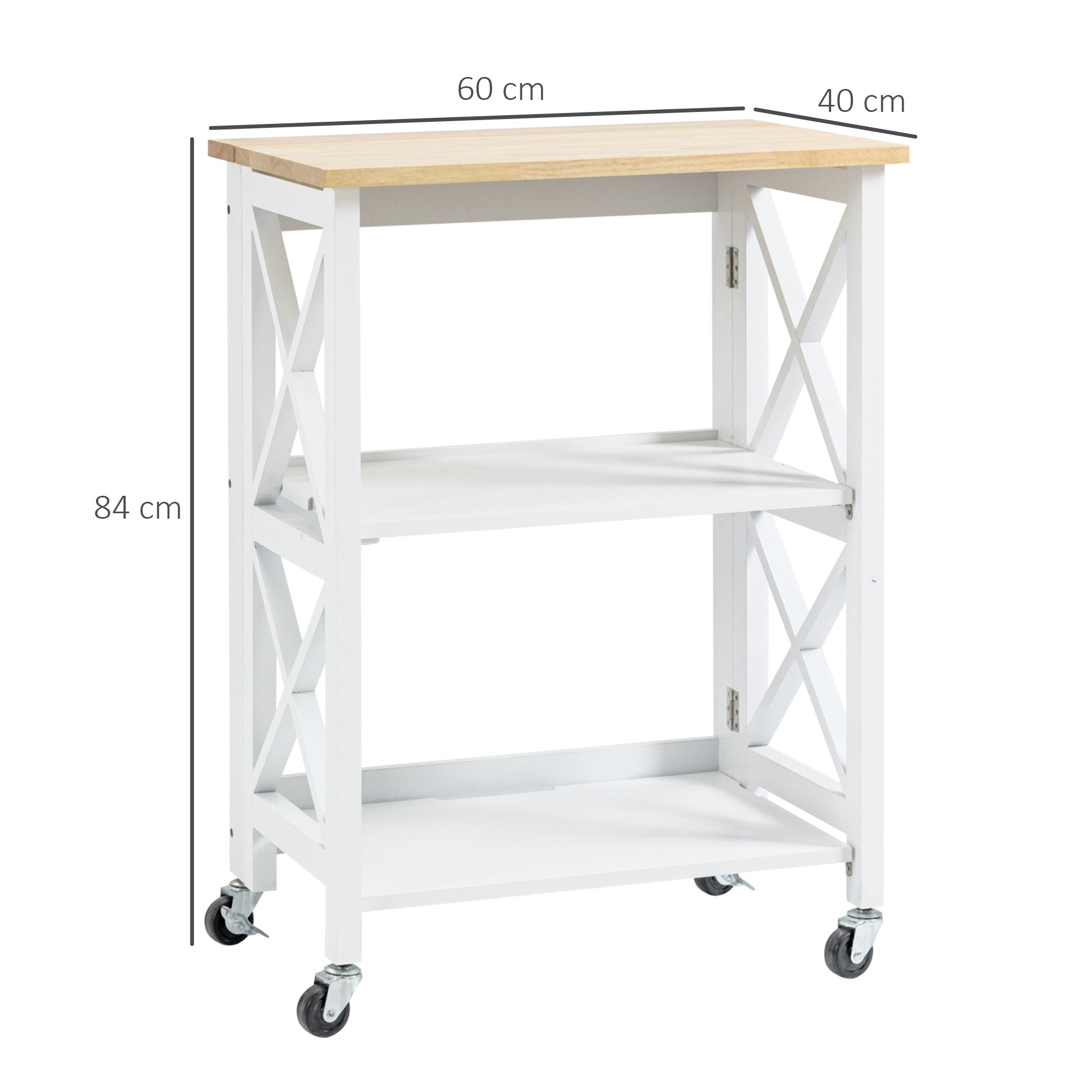 Folding Kitchen Cart Auxiliary Cart with Wheels Vegetable Cart with 2 Shelves for Dining Room Load 40 kg 60x40x84 cm White