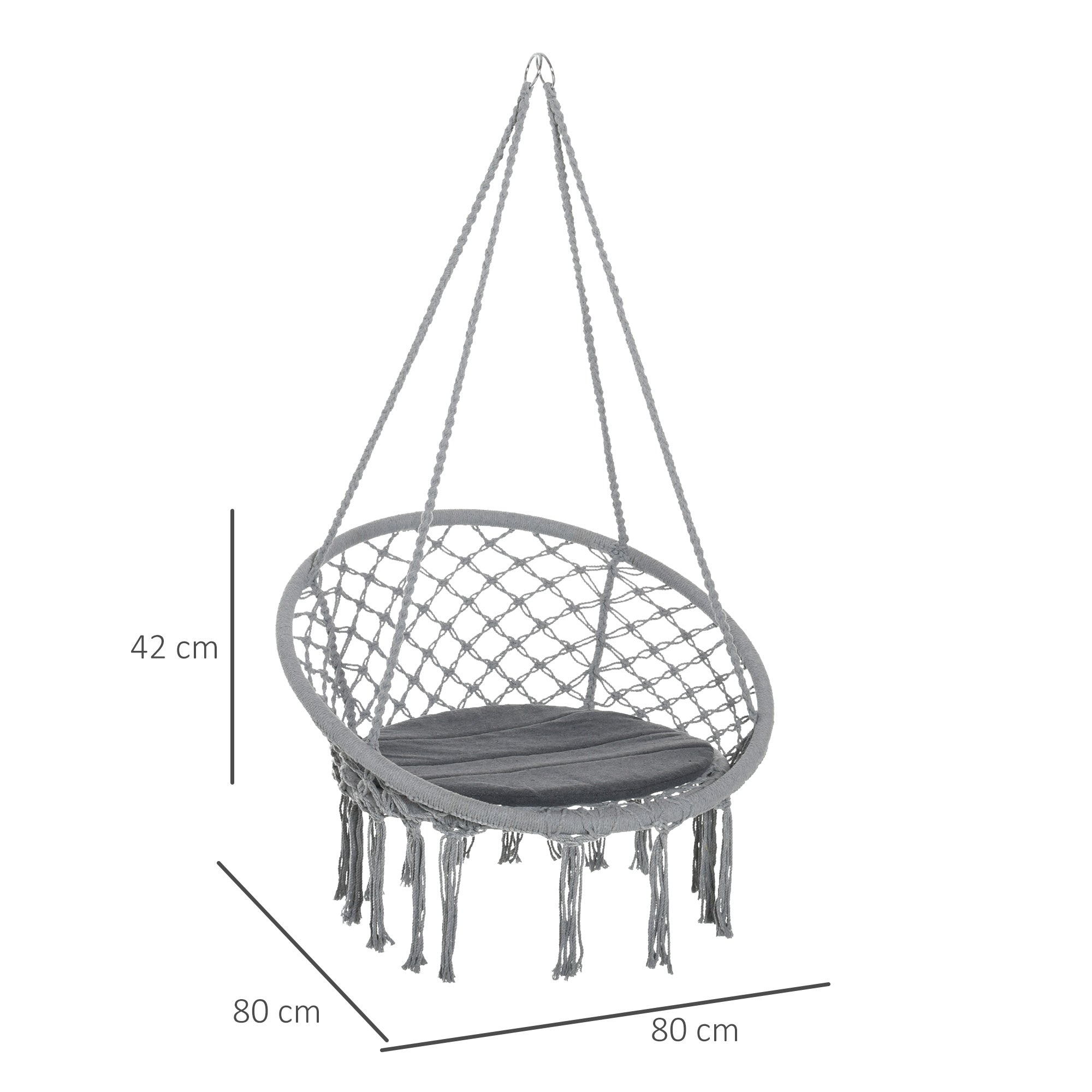Round Hanging Chair Ø60 cm Hammock Swing with Cushion and Cotton Rope for Indoor and Outdoor 80x80x42 cm Gray
