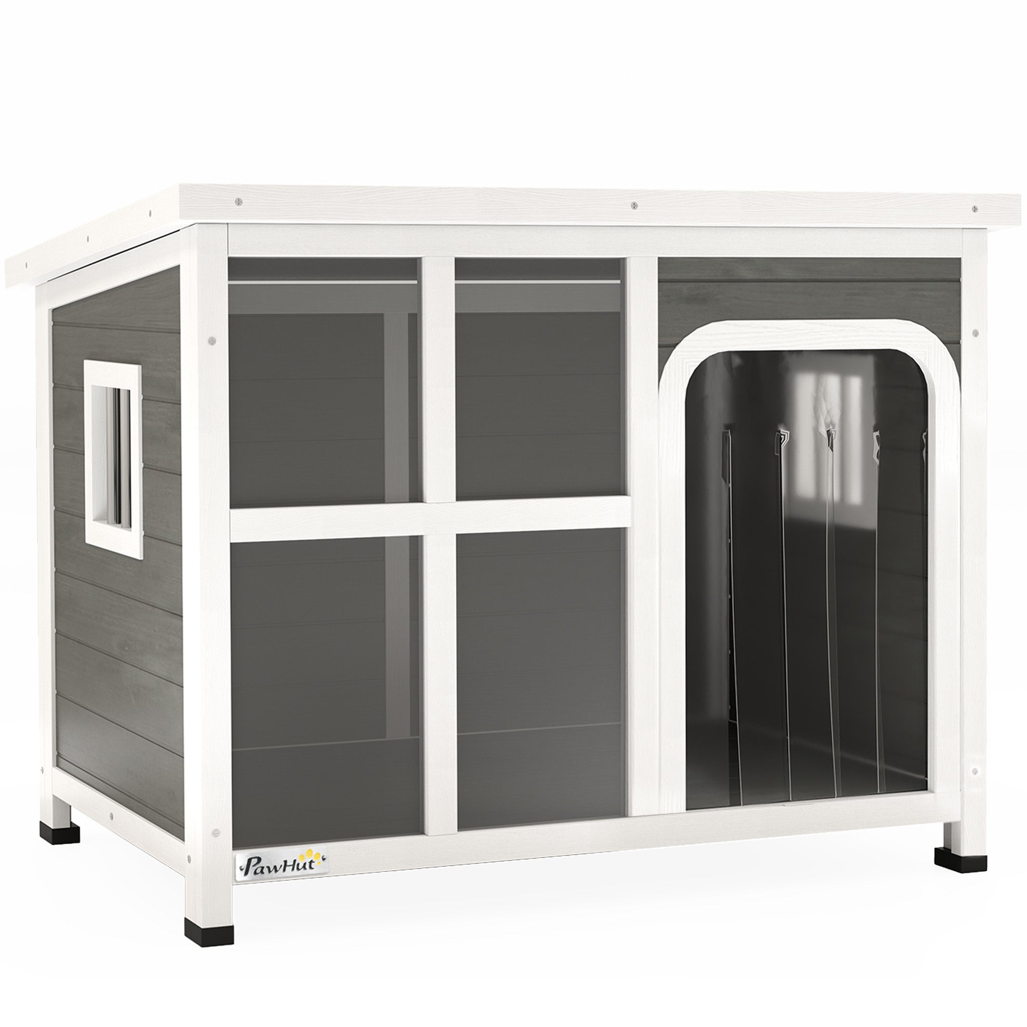 Small and Medium Dog House with Side Windows and Entrance Curtain, Outdoor Dog Kennel with Removable Base and Openable Roof, 90x62x71 cm, Light Grey