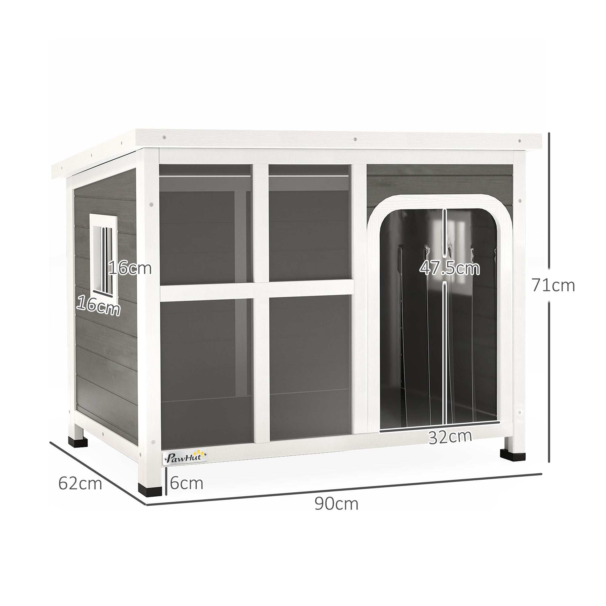Small and Medium Dog House with Side Windows and Entrance Curtain, Outdoor Dog Kennel with Removable Base and Openable Roof, 90x62x71 cm, Light Grey