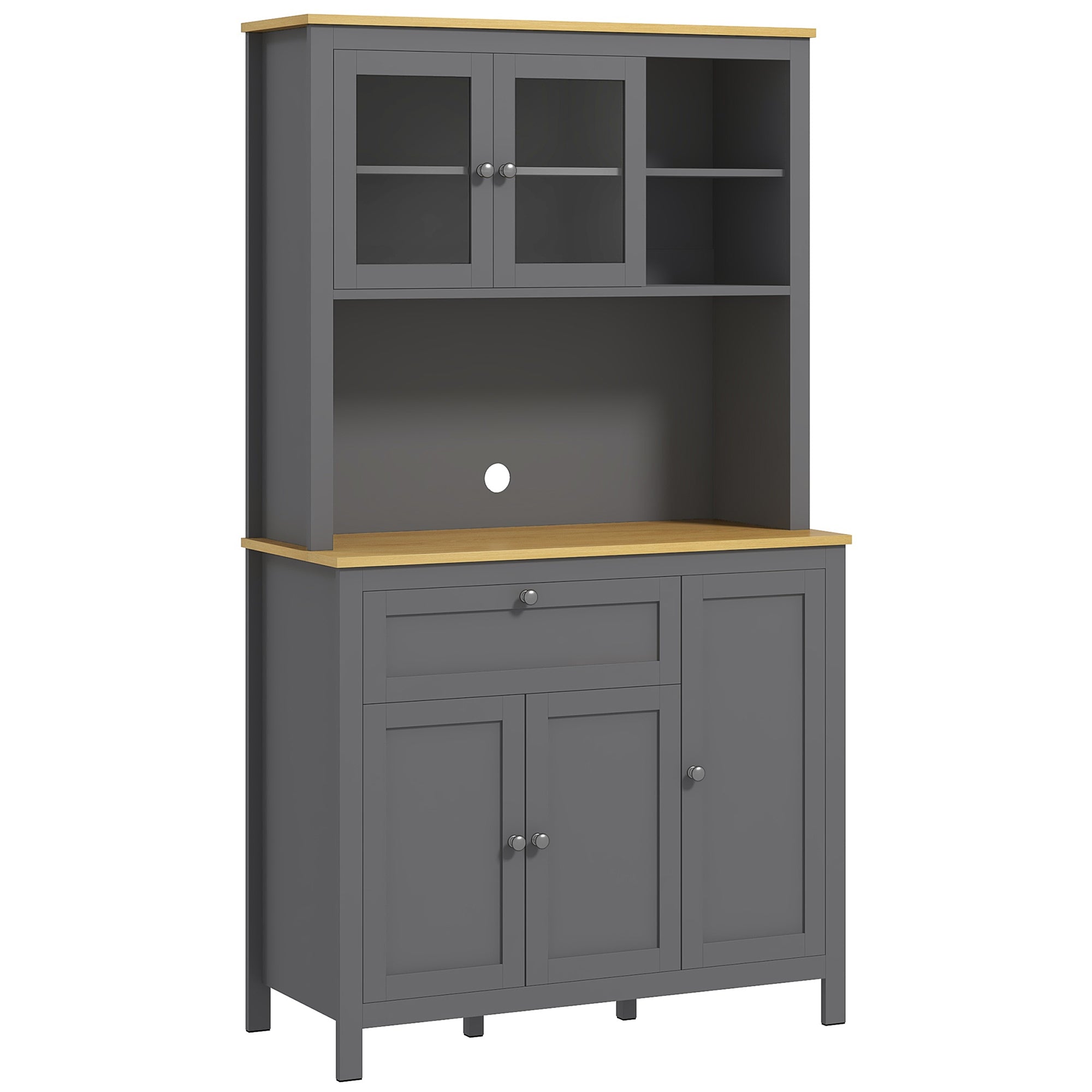 Kitchen Cabinet, kitchen buffet with worktop, large sideboard with 3 cupboards, drawer, niches, cable management, adjustable shelves and glass doors, modern style, 100x40x180 cm, gray