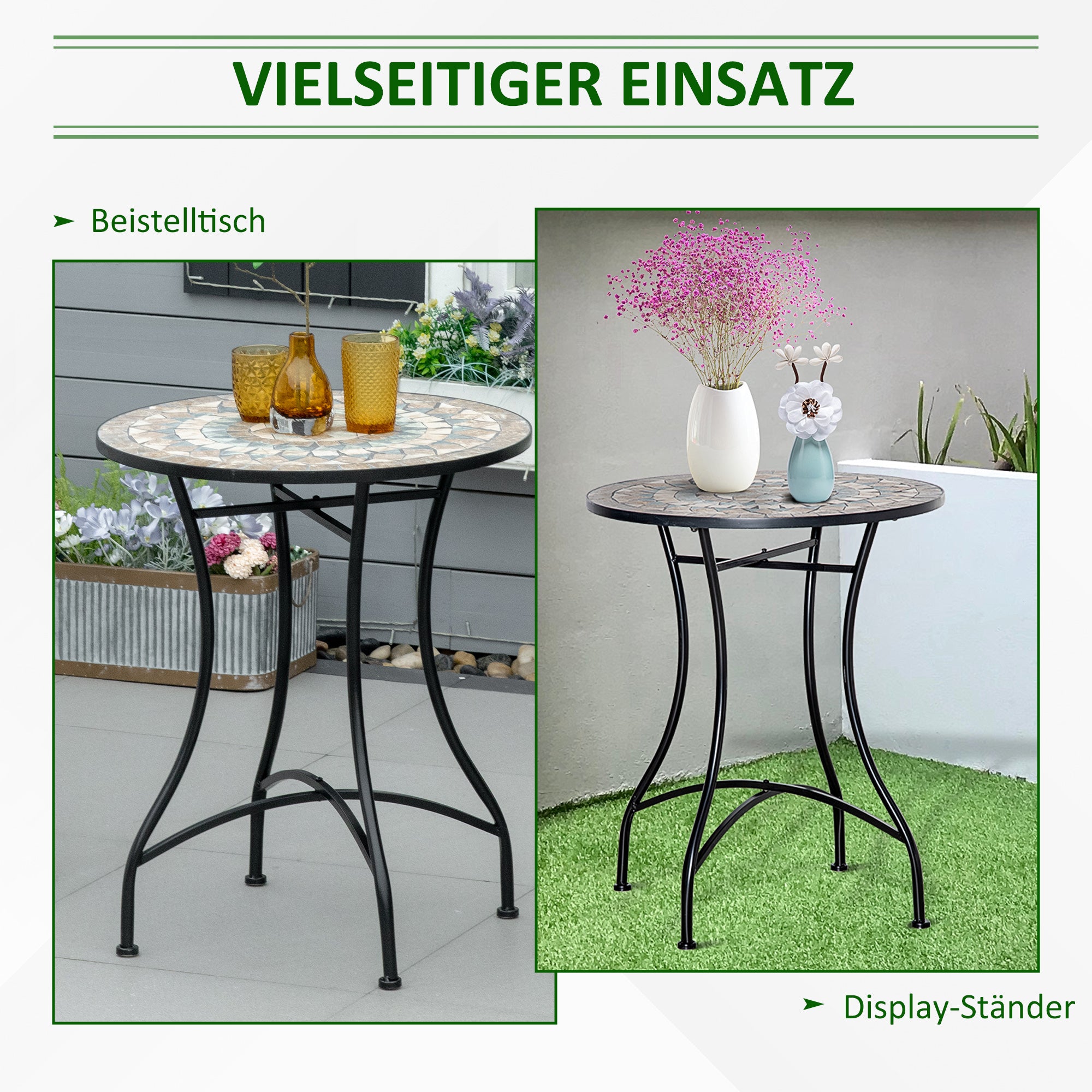Garden Table Ø60 cm, Weatherproof Metal Patio Table, Outdoor Dining Table, Camping Side Table, Round Terrace Table for Garden Patio Balcony Green+Beige+White
